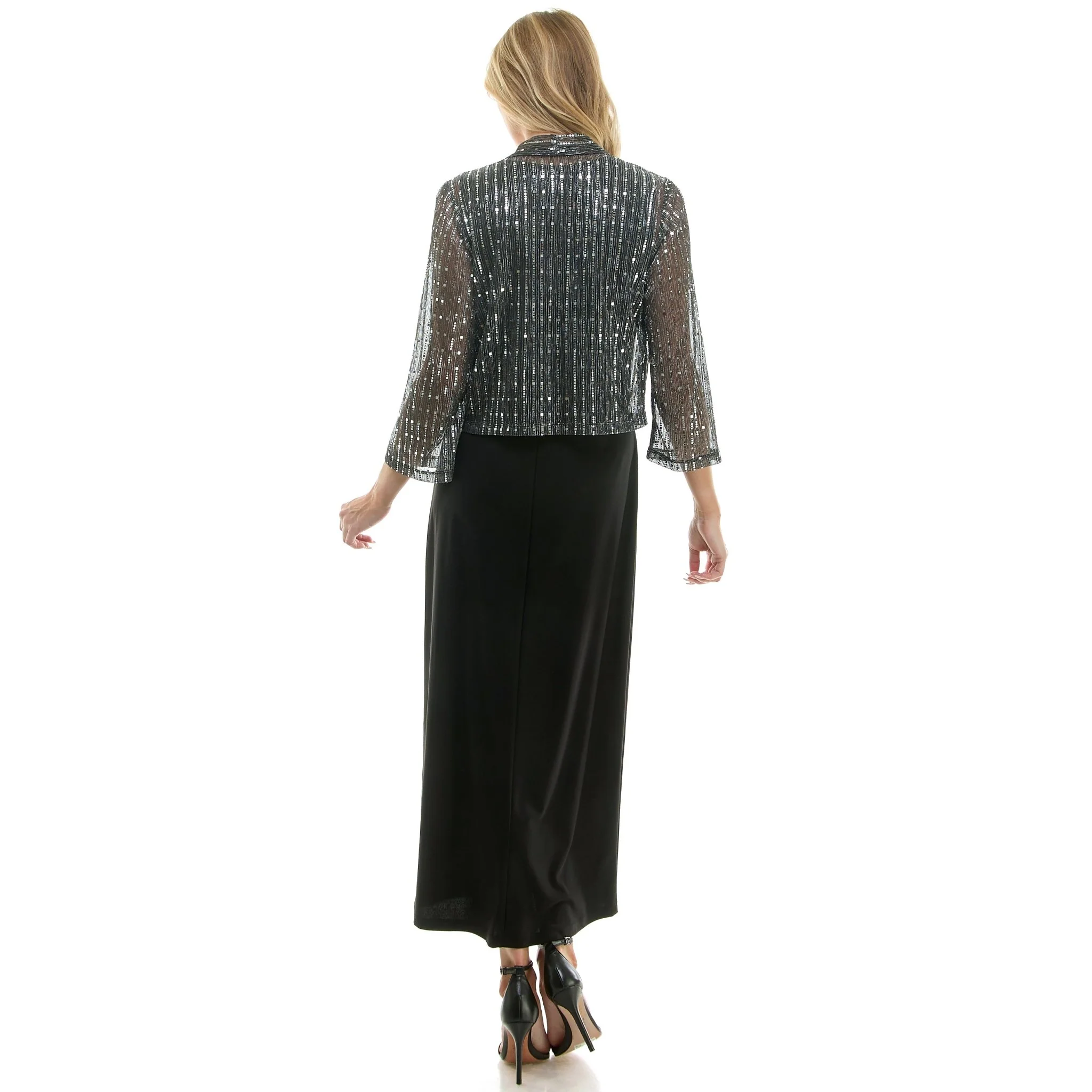 2Fer Jacket Tank Dress w/ Detachable Necklace, Silver/Black - Image 4