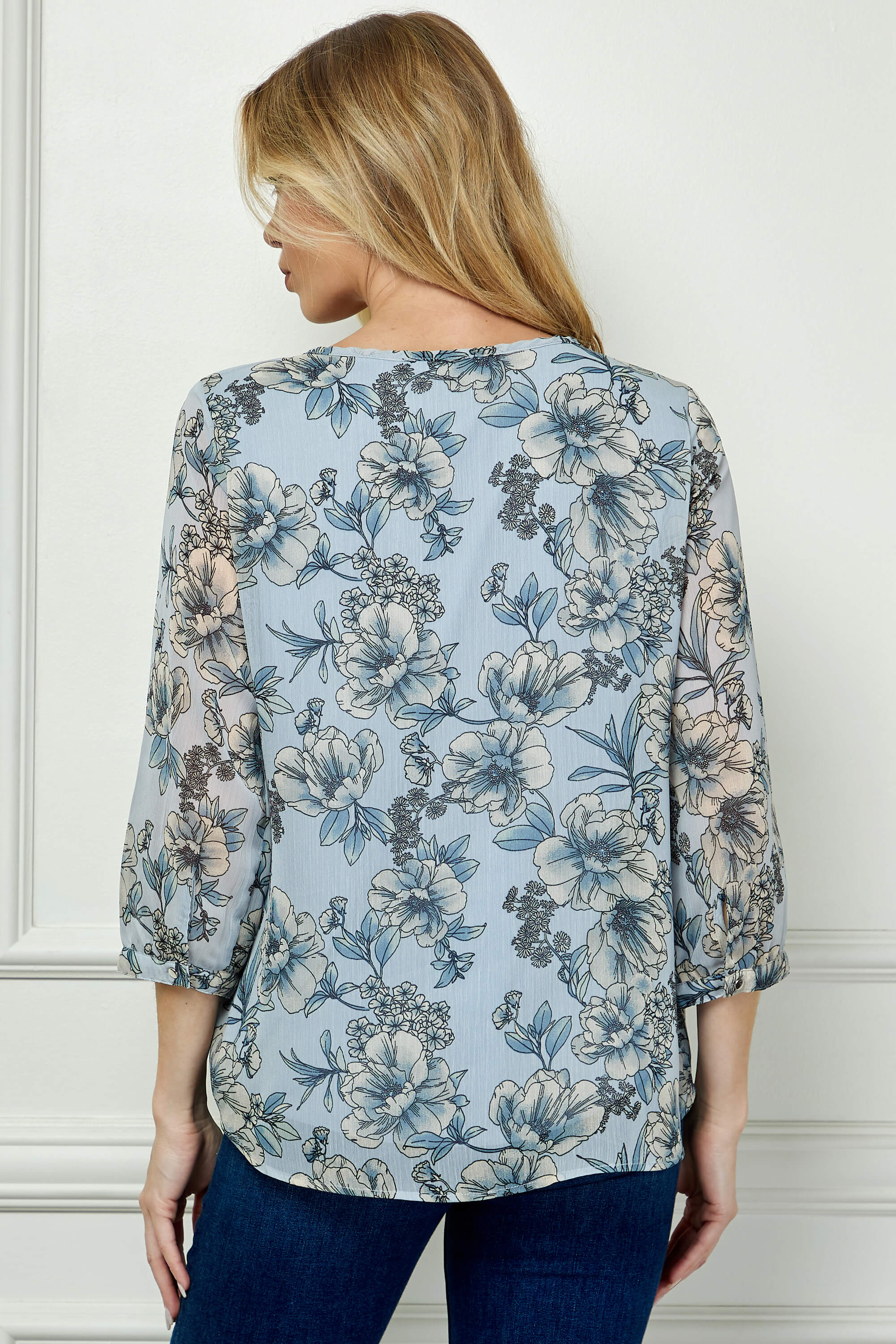 3/4 Button Cuff Sleeve Smock Shoulder Tie Neck Blouse in Blue - Floral - Image 2
