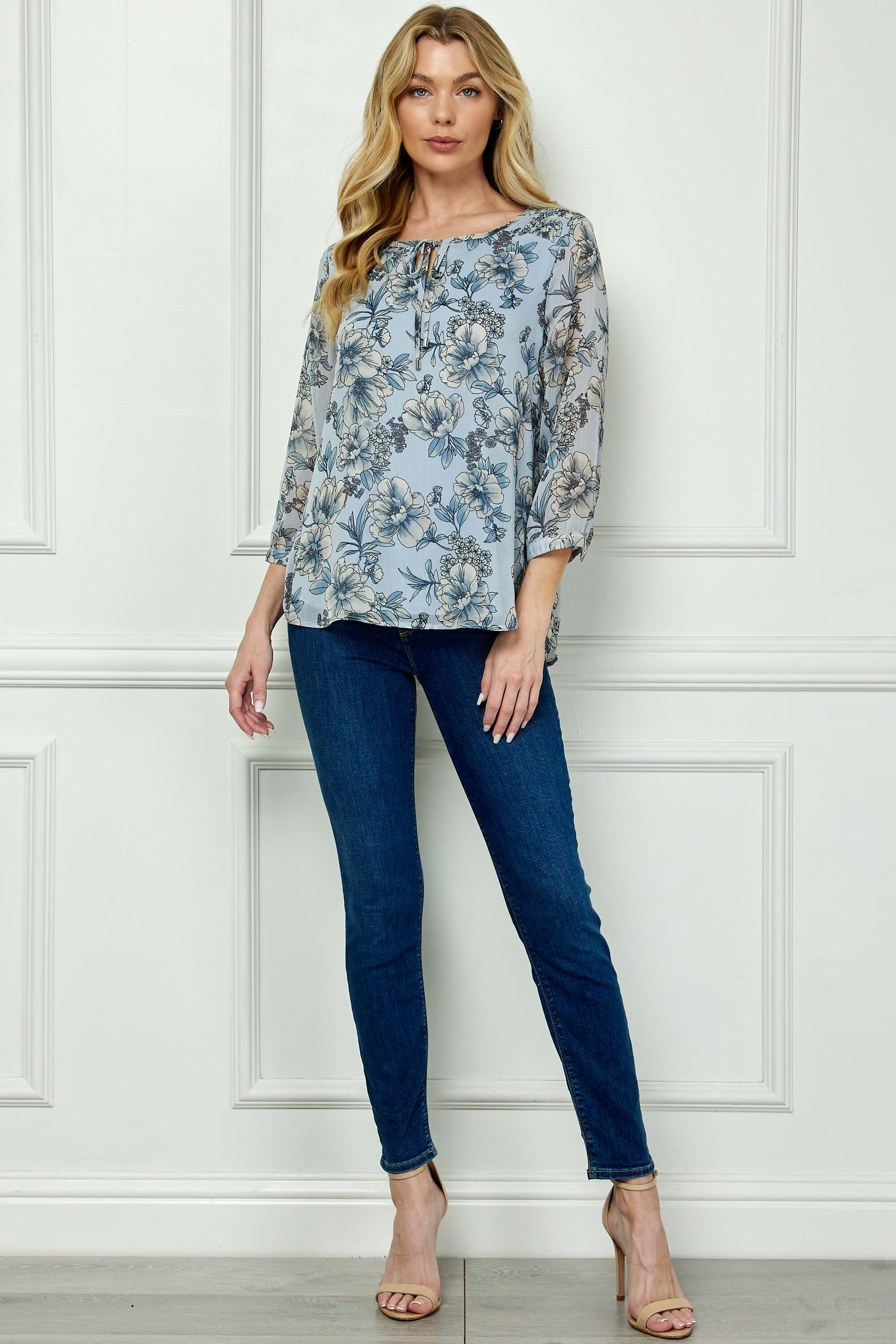 3/4 Button Cuff Sleeve Smock Shoulder Tie Neck Blouse in Blue - Floral - Image 4