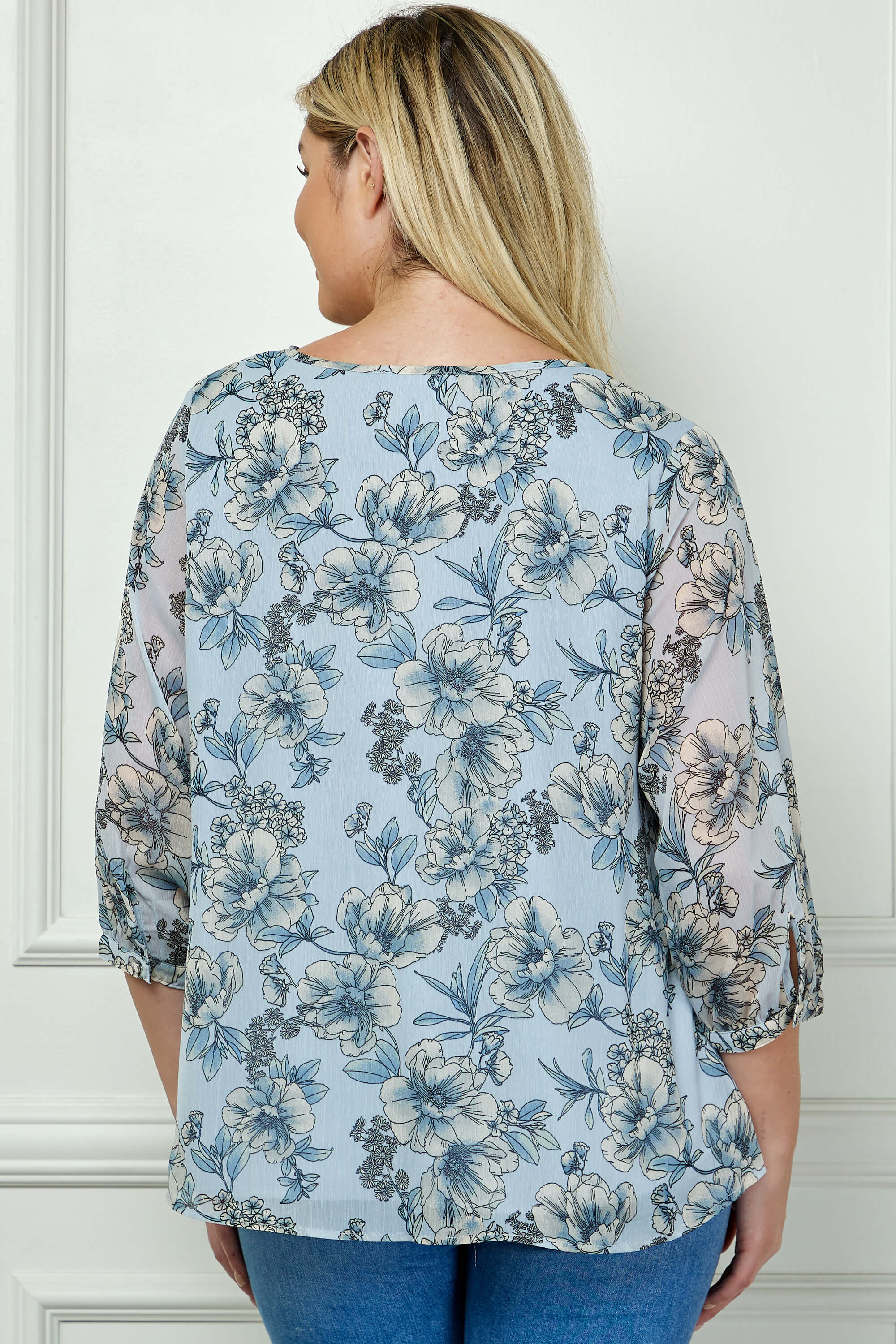3/4 Button Cuff Sleeve Smock Shoulder Tie Neck Blouse in Blue Floral - Plus - Image 2