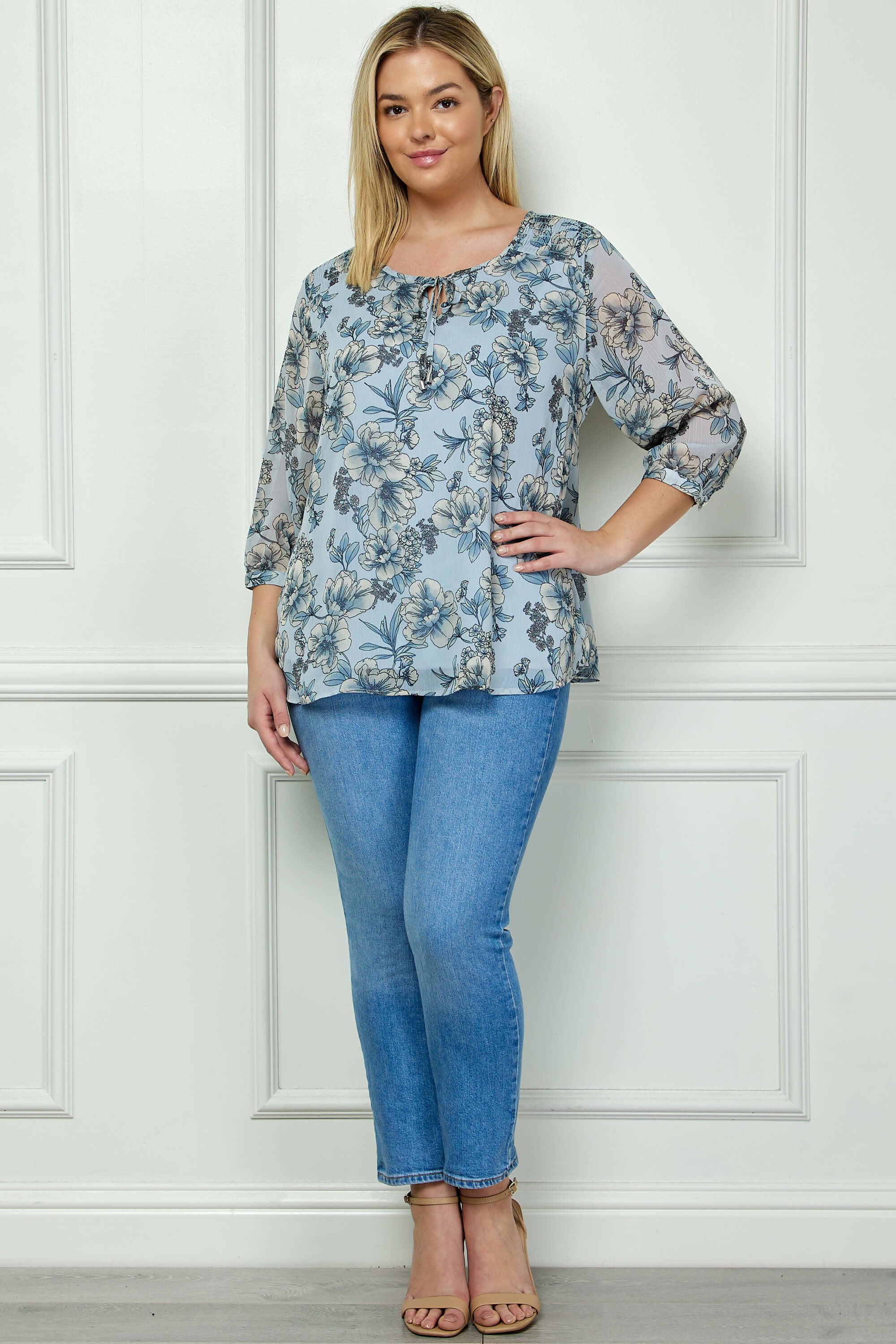 3/4 Button Cuff Sleeve Smock Shoulder Tie Neck Blouse in Blue Floral - Plus - Image 4