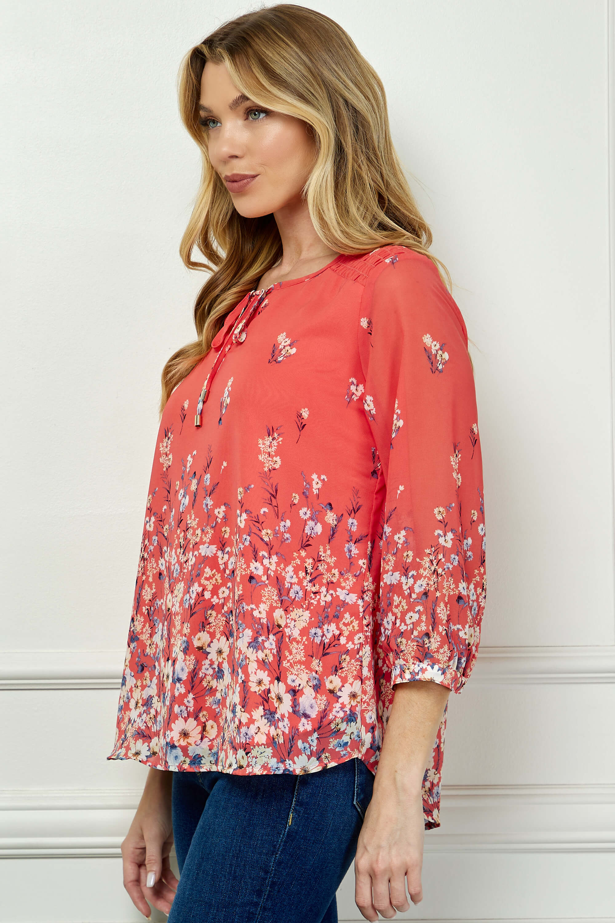 3/4 Button Cuff Sleeve Tie Neck Border Print Blouse in Coral - Image 3