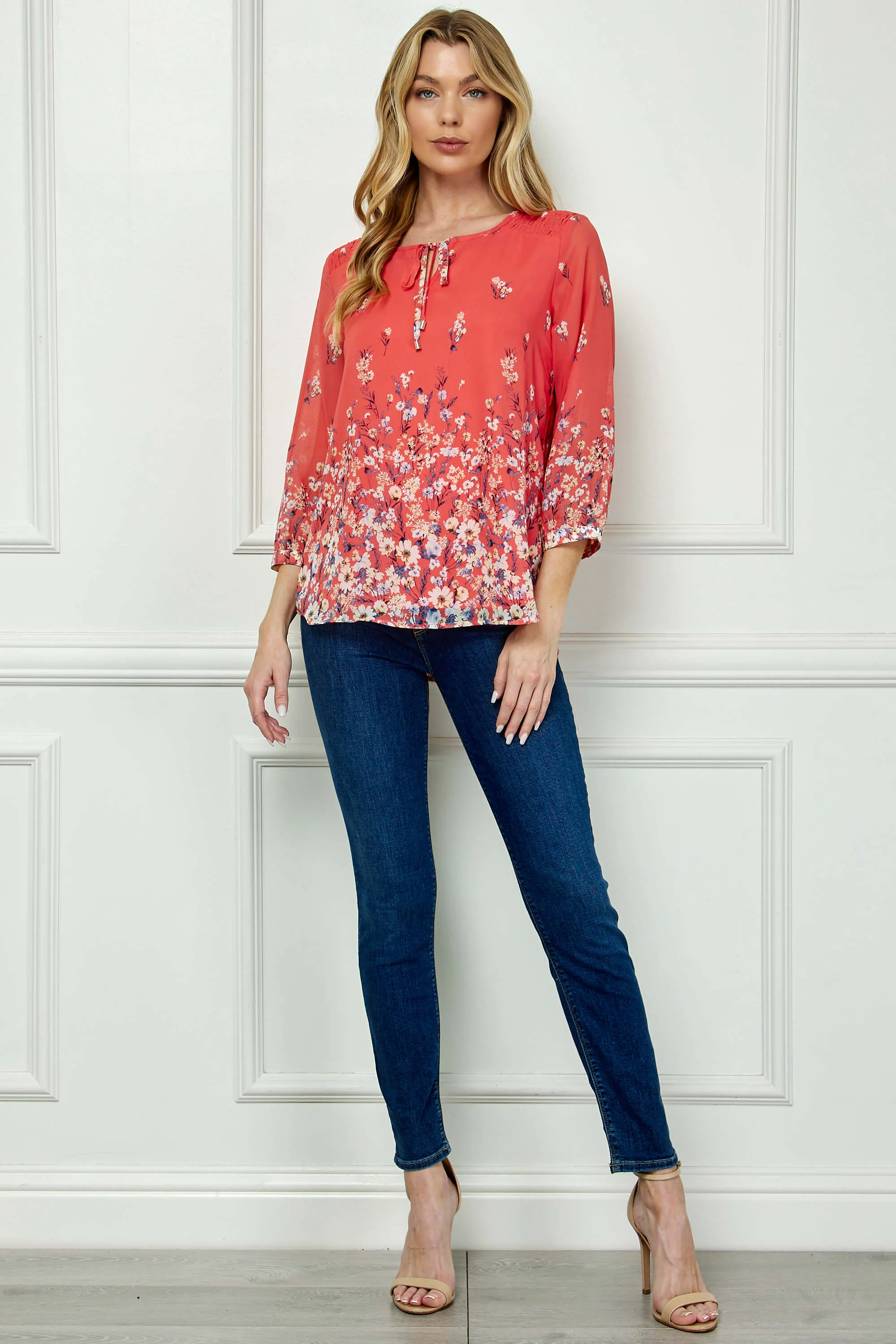 3/4 Button Cuff Sleeve Tie Neck Border Print Blouse in Coral - Image 4