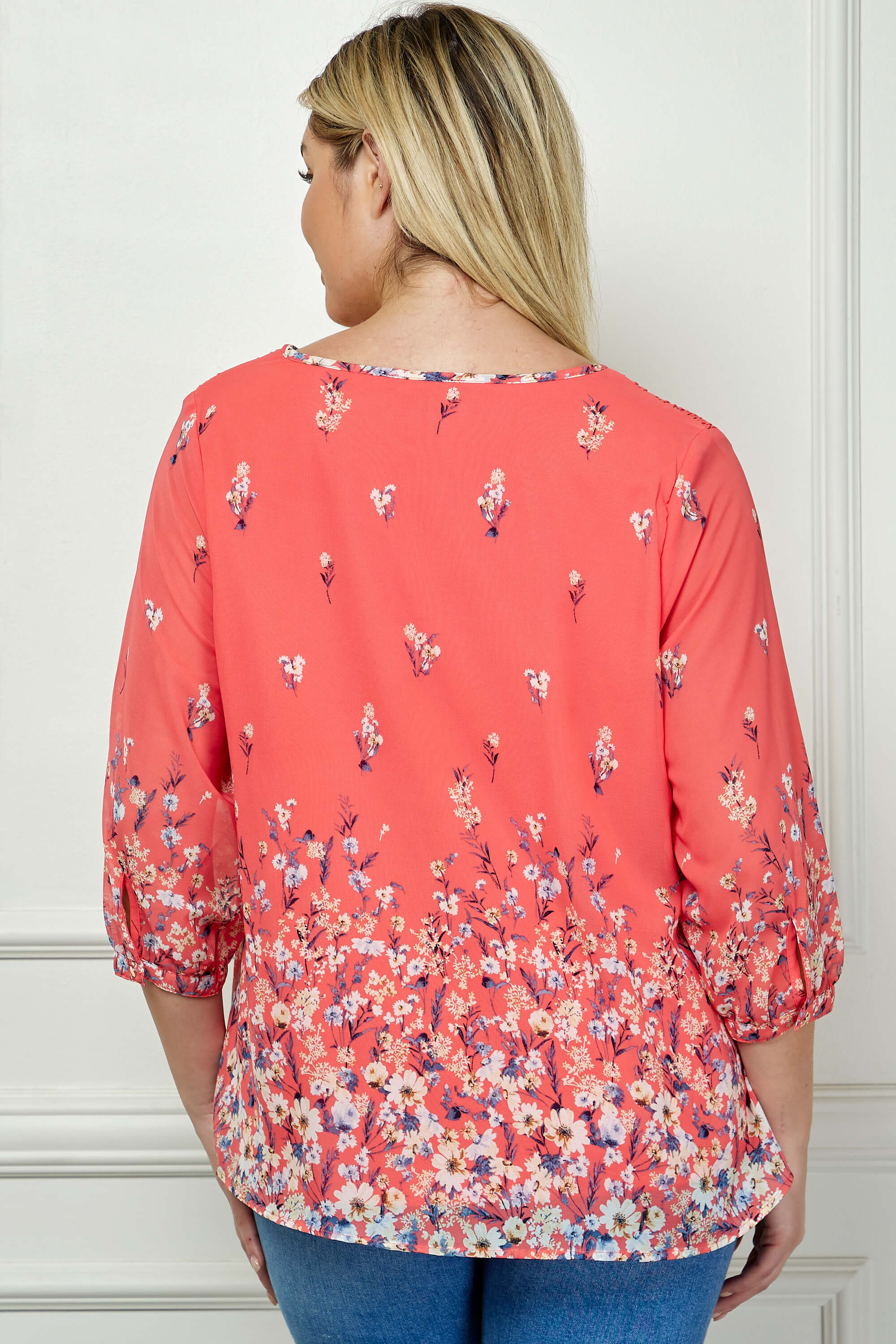 3/4 Button Cuff Sleeve Tie Neck Border Print Blouse in Coral - Plus - Image 2