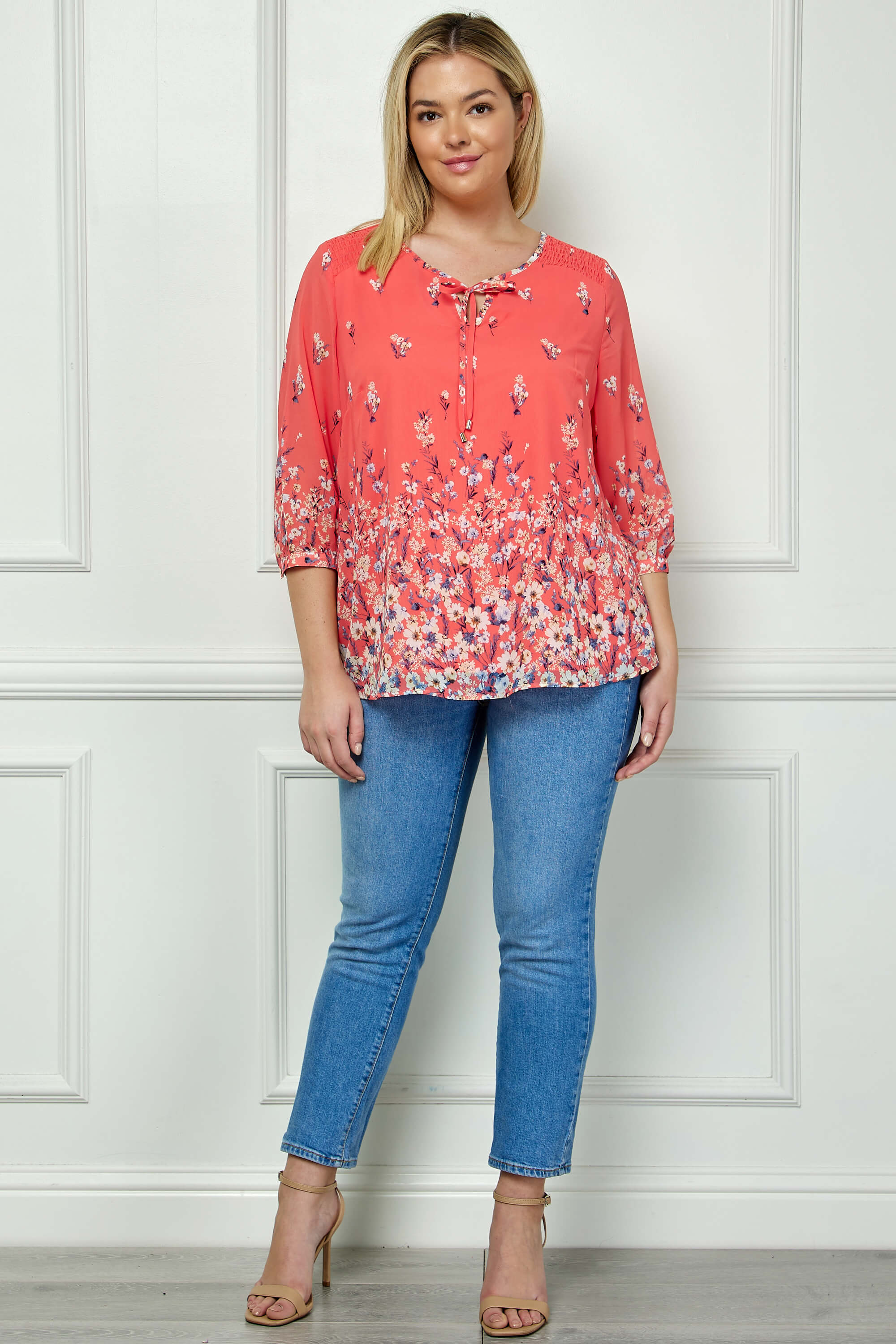 3/4 Button Cuff Sleeve Tie Neck Border Print Blouse in Coral - Plus - Image 4