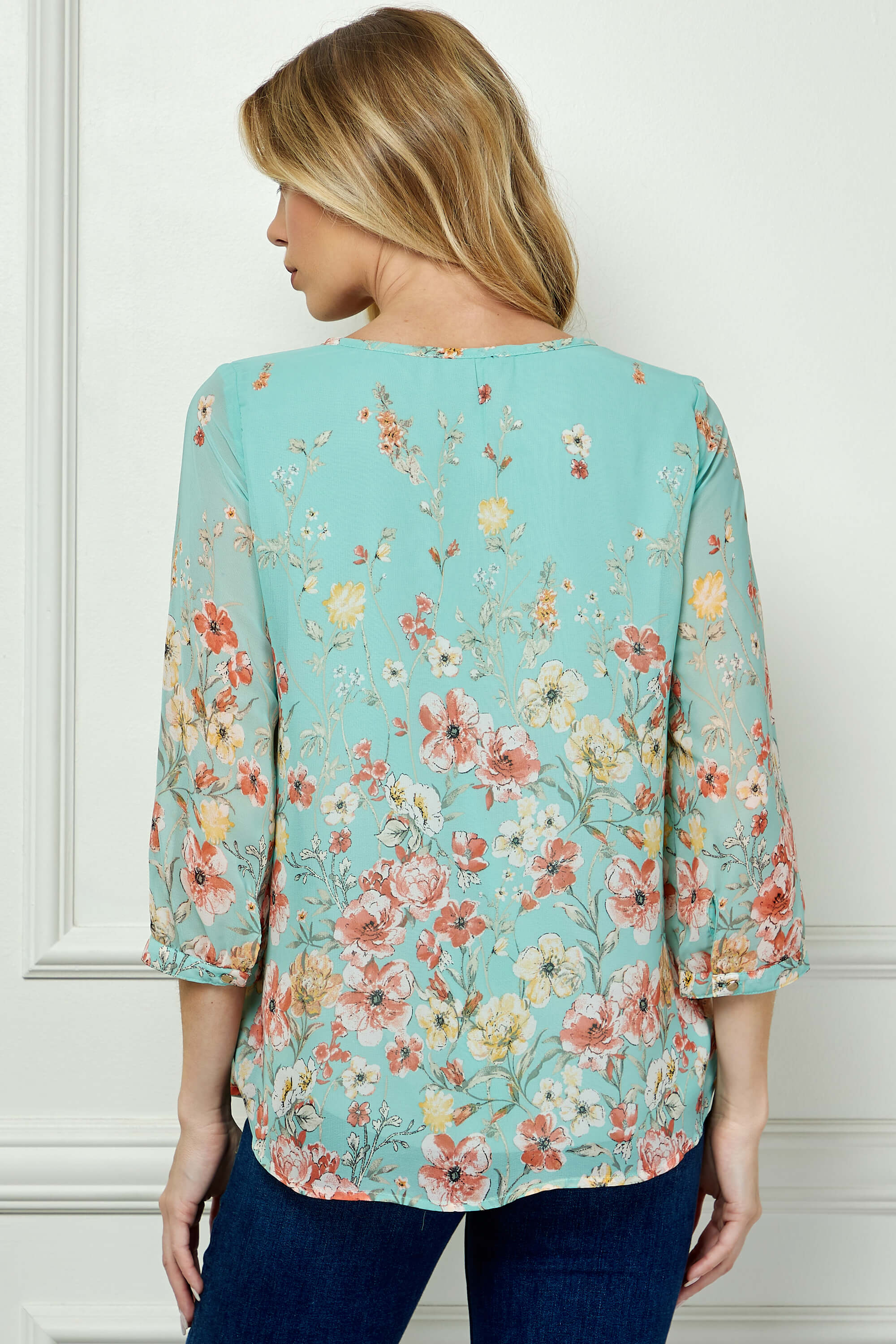 3/4 Button Cuff Smock Shoulder Tie Neck Border Print Blouse in Seafoam Petals - Image 2