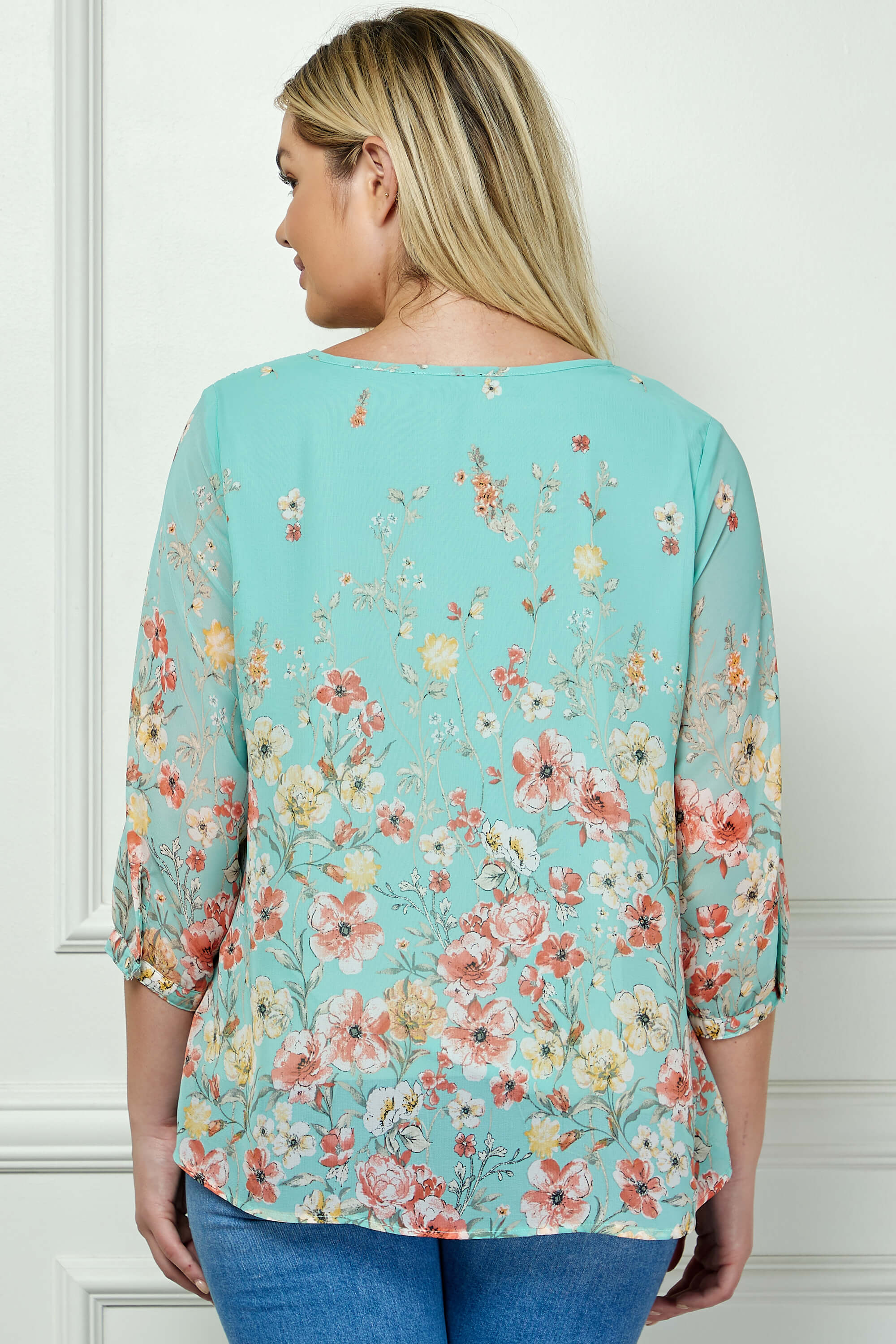 3/4 Button Cuff Smock Shoulder Tie Neck Border Print Blouse in Seafoam Petals - Plus - Image 2