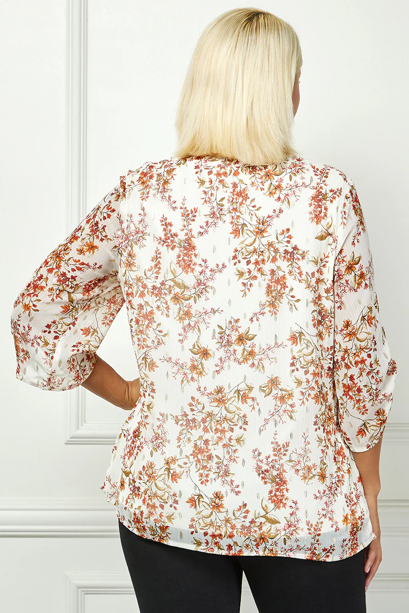 3/4 Button Tab Sleeve Mandarin Collar Blouse in Ivory/Olive - Plus - Image 4
