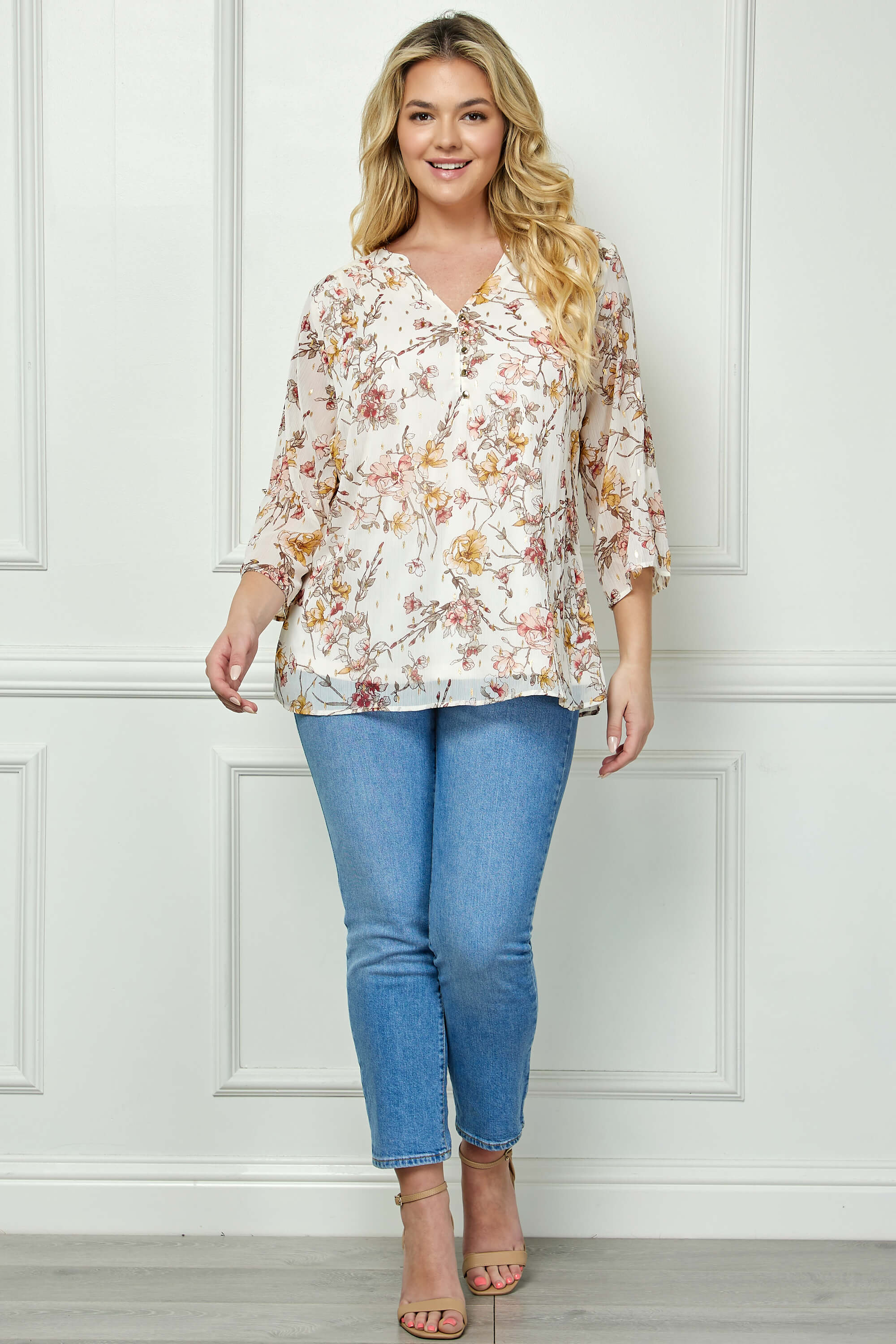 3/4 Button Tab Sleeve Mandarin Collar Blouse in Ivory - Plus - Image 2