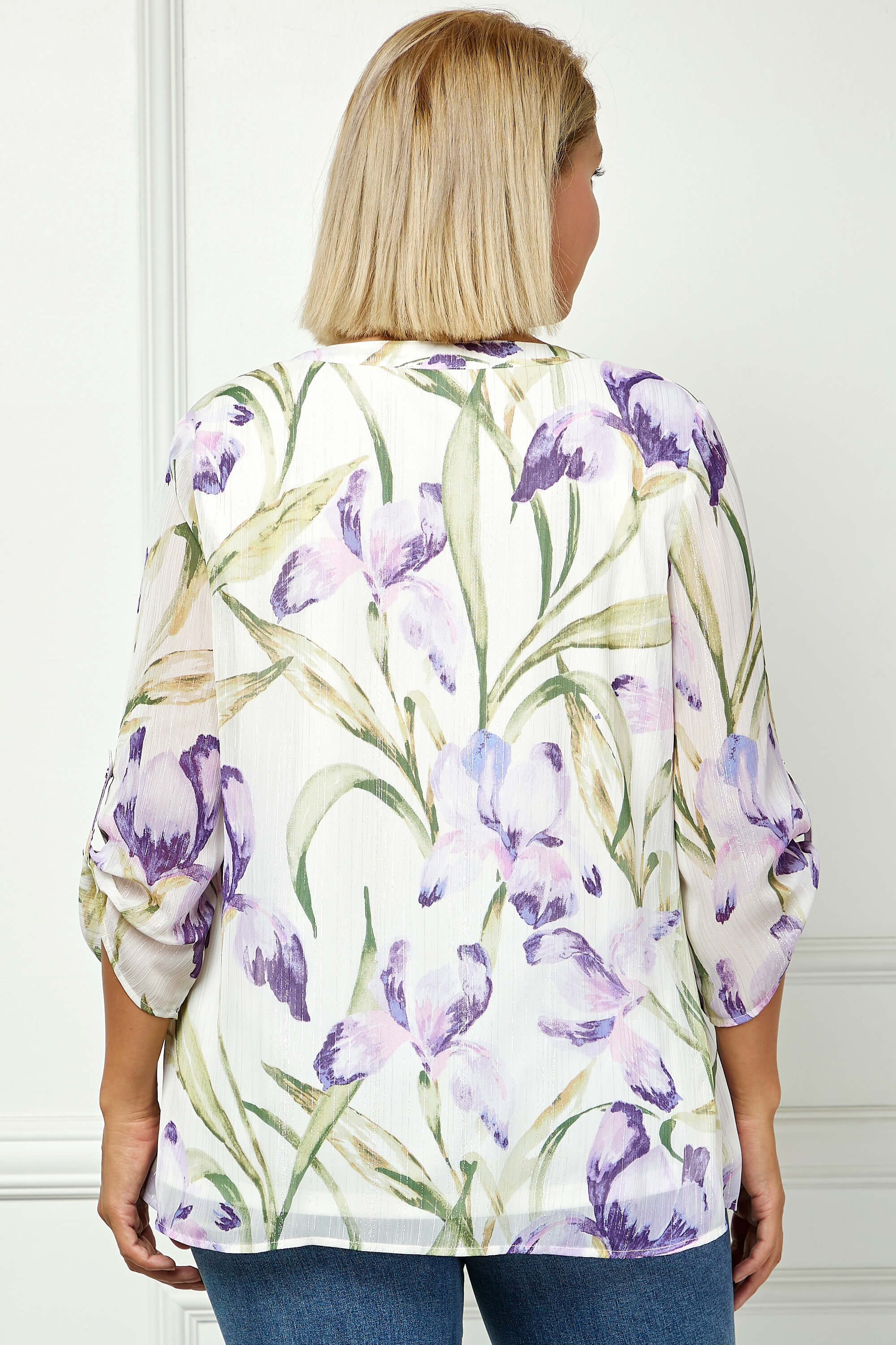 3/4 Button Tab Sleeve Mandarin Collar Popover Blouse - Plus - Cream/Lilac - Image 2