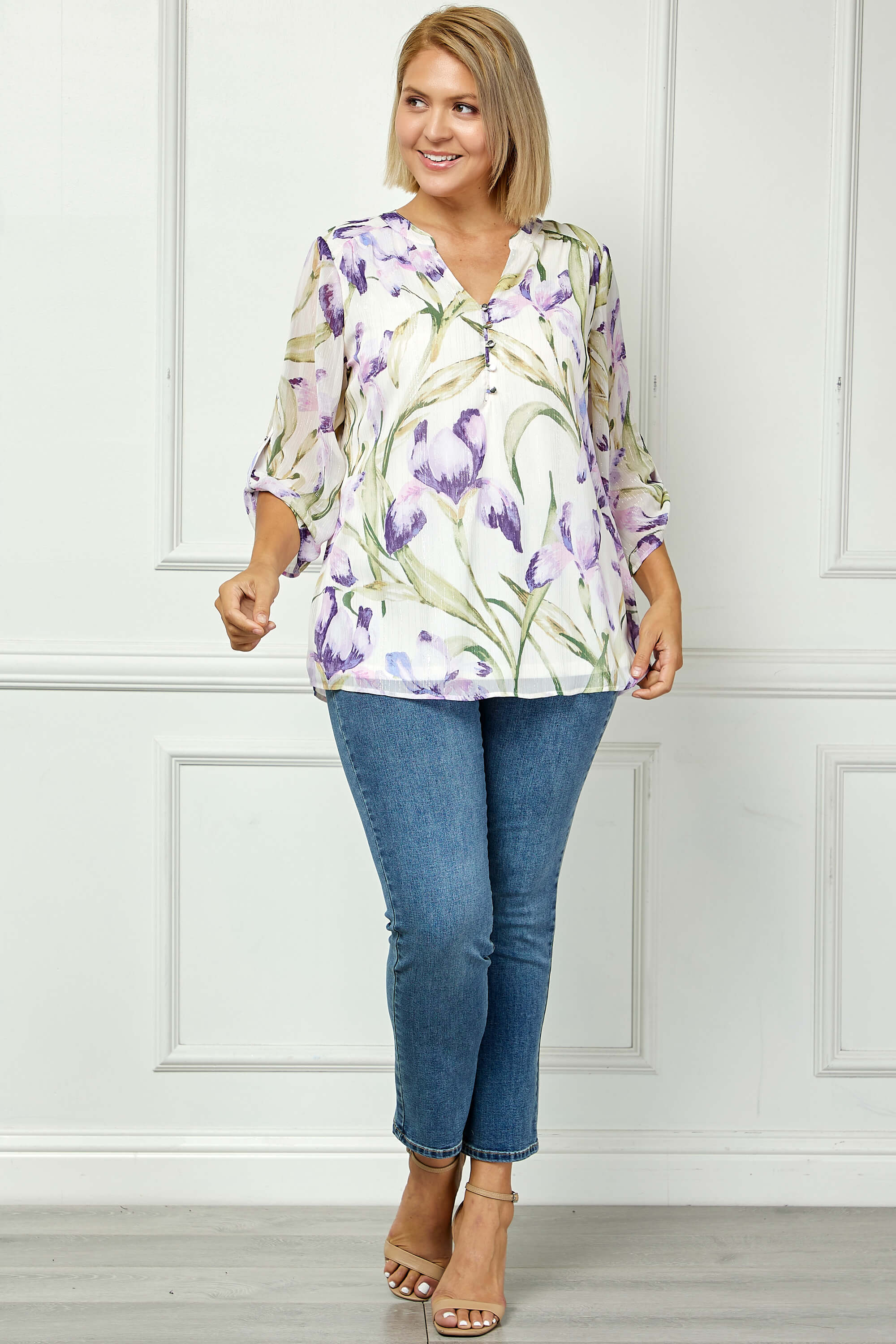 3/4 Button Tab Sleeve Mandarin Collar Popover Blouse - Plus - Cream/Lilac - Image 4
