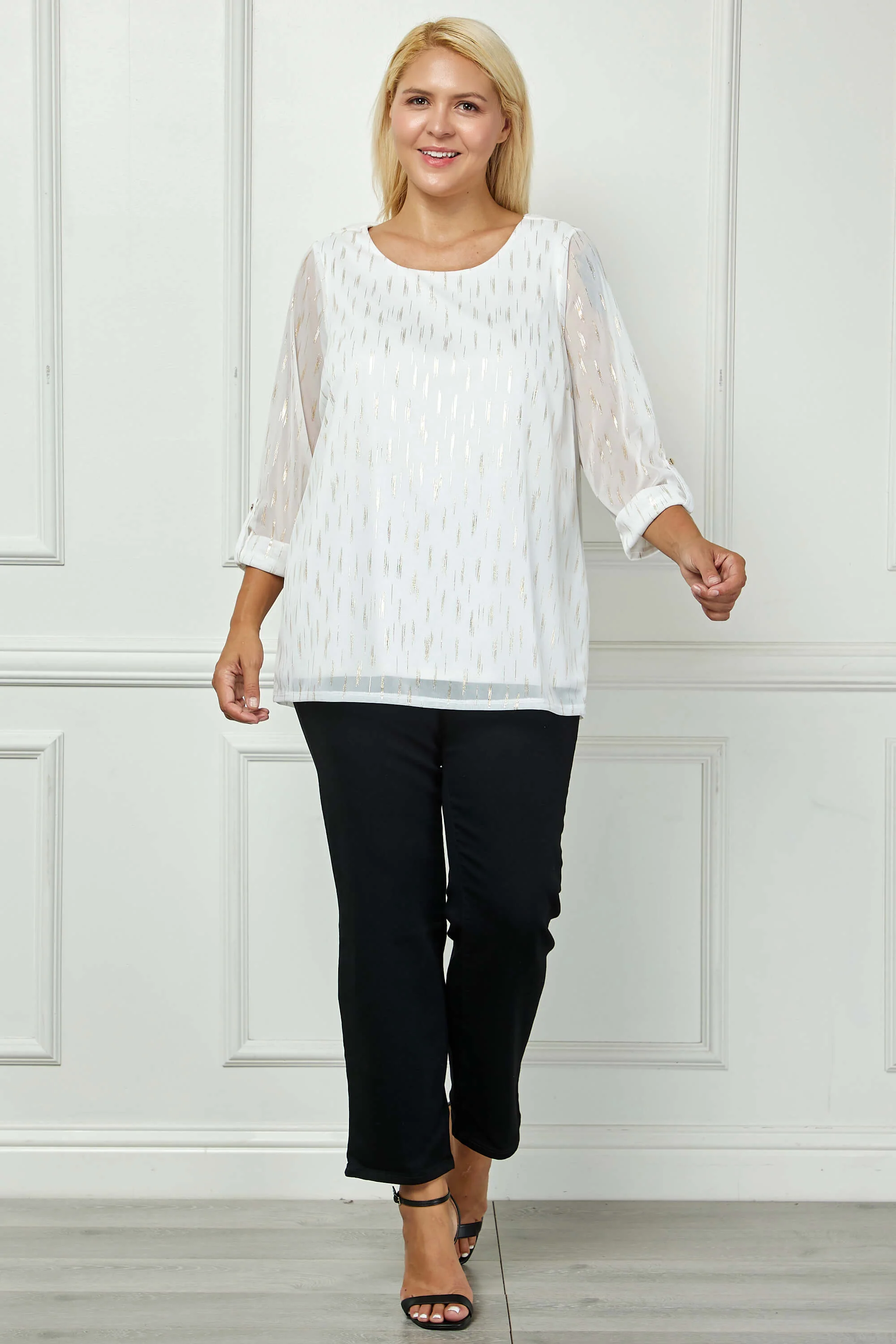 3/4 Button Tab Sleeve Scoop Neck Foil Blouse in Ivory - Plus - Image 2