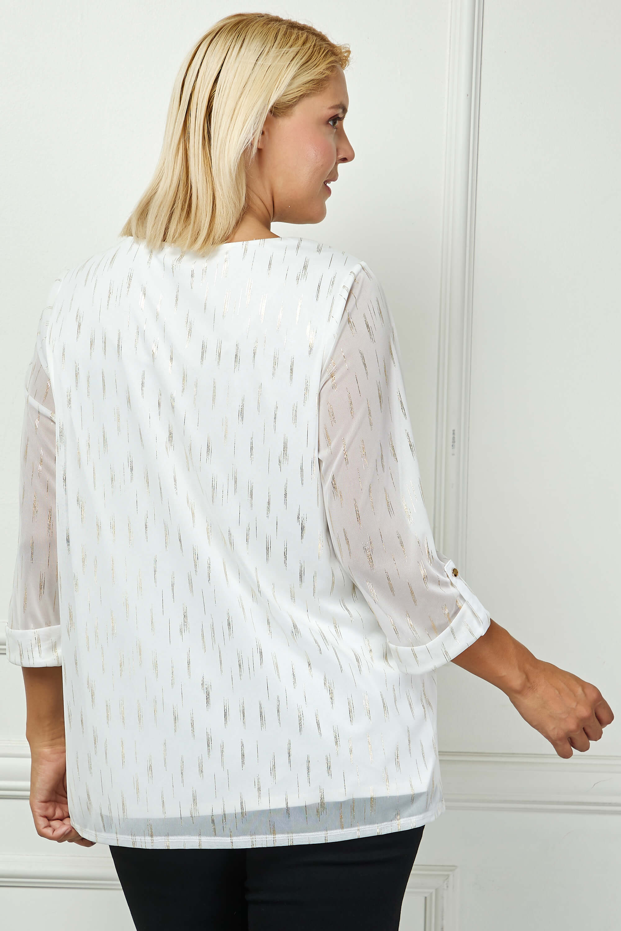 3/4 Button Tab Sleeve Scoop Neck Foil Blouse in Ivory - Plus - Image 4