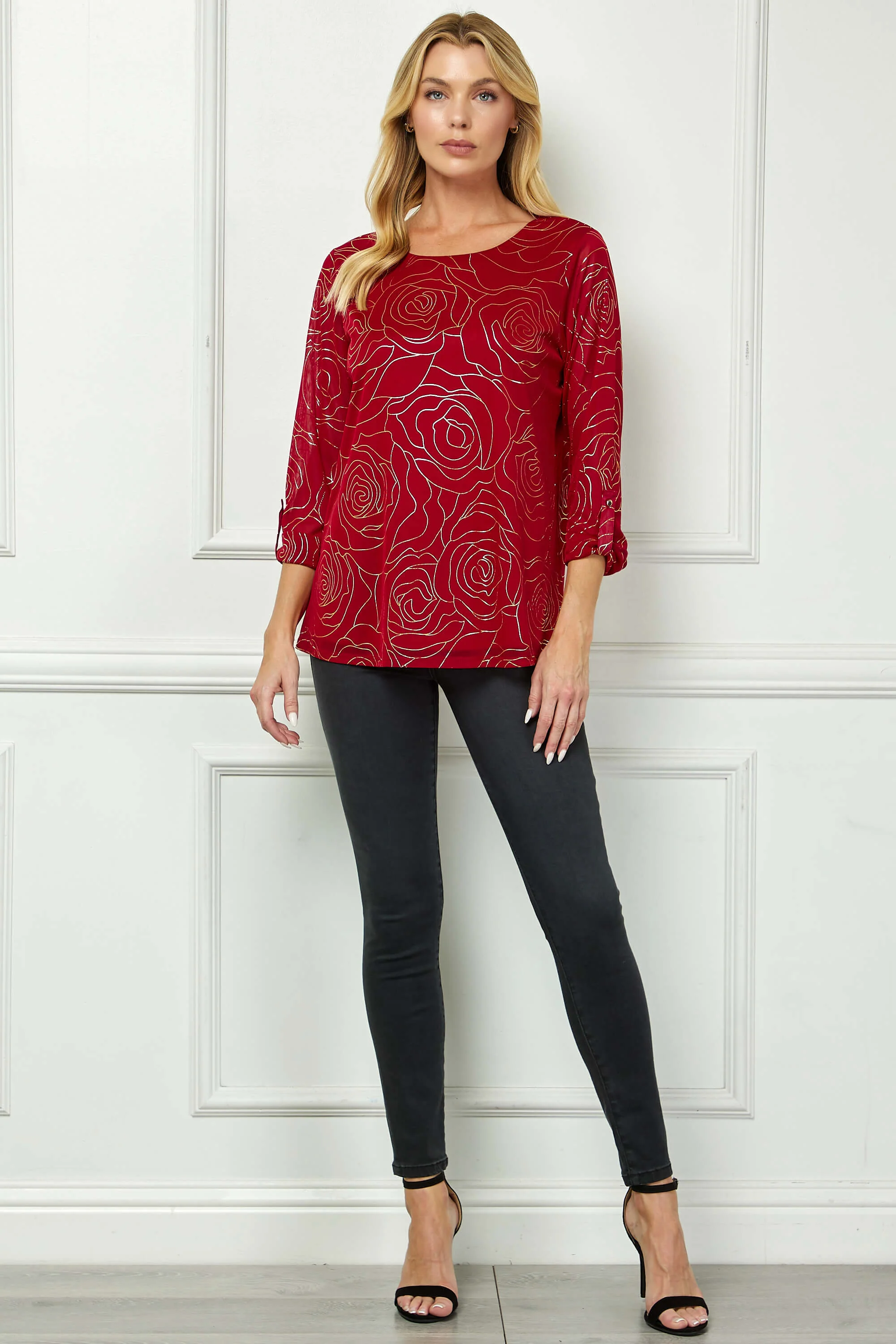 3/4 Button Tab Sleeve Scoop Neck Foil Blouse in Red - Image 2