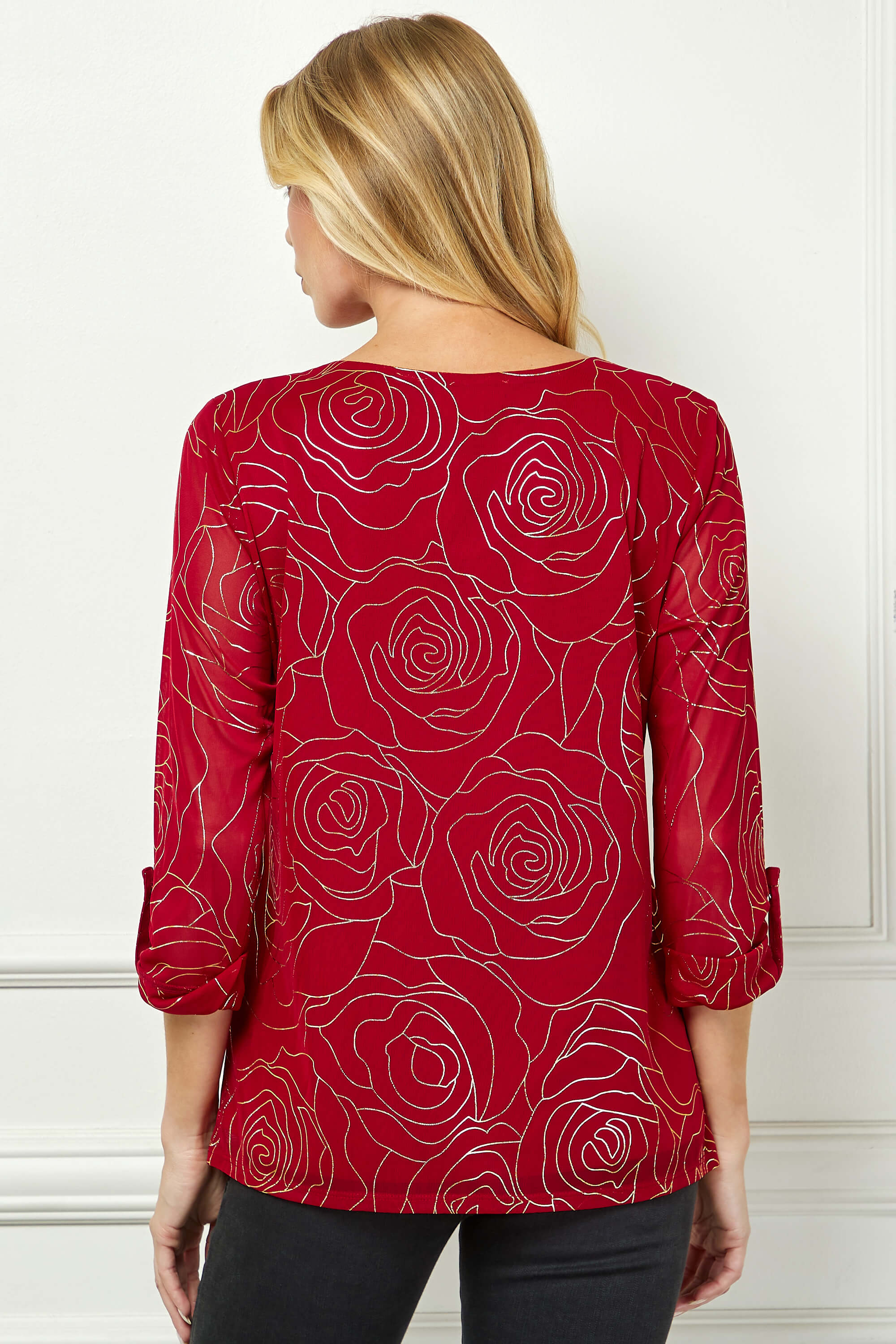 3/4 Button Tab Sleeve Scoop Neck Foil Blouse in Red - Image 4