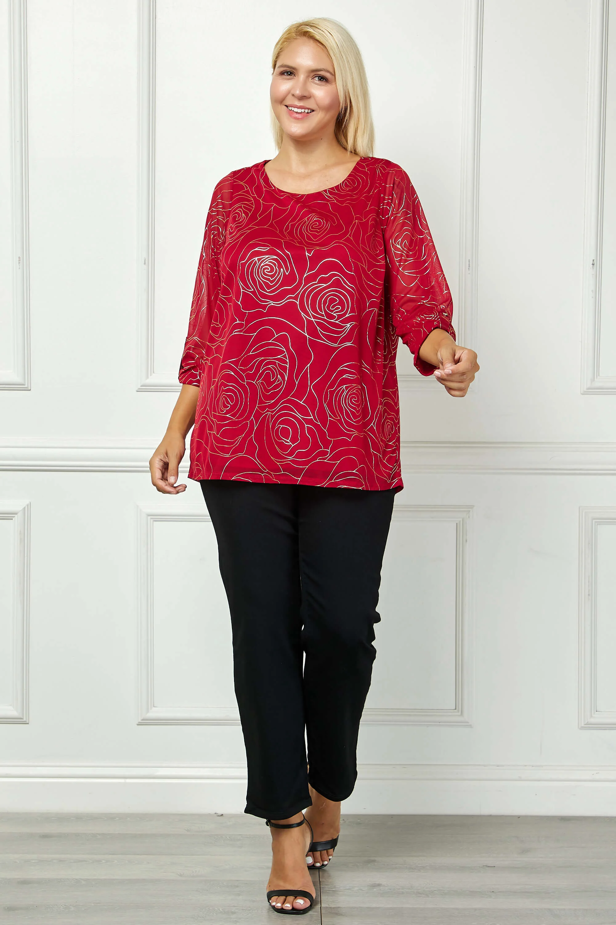 3/4 Button Tab Sleeve Scoop Neck Foil Blouse in Red - Plus - Image 2