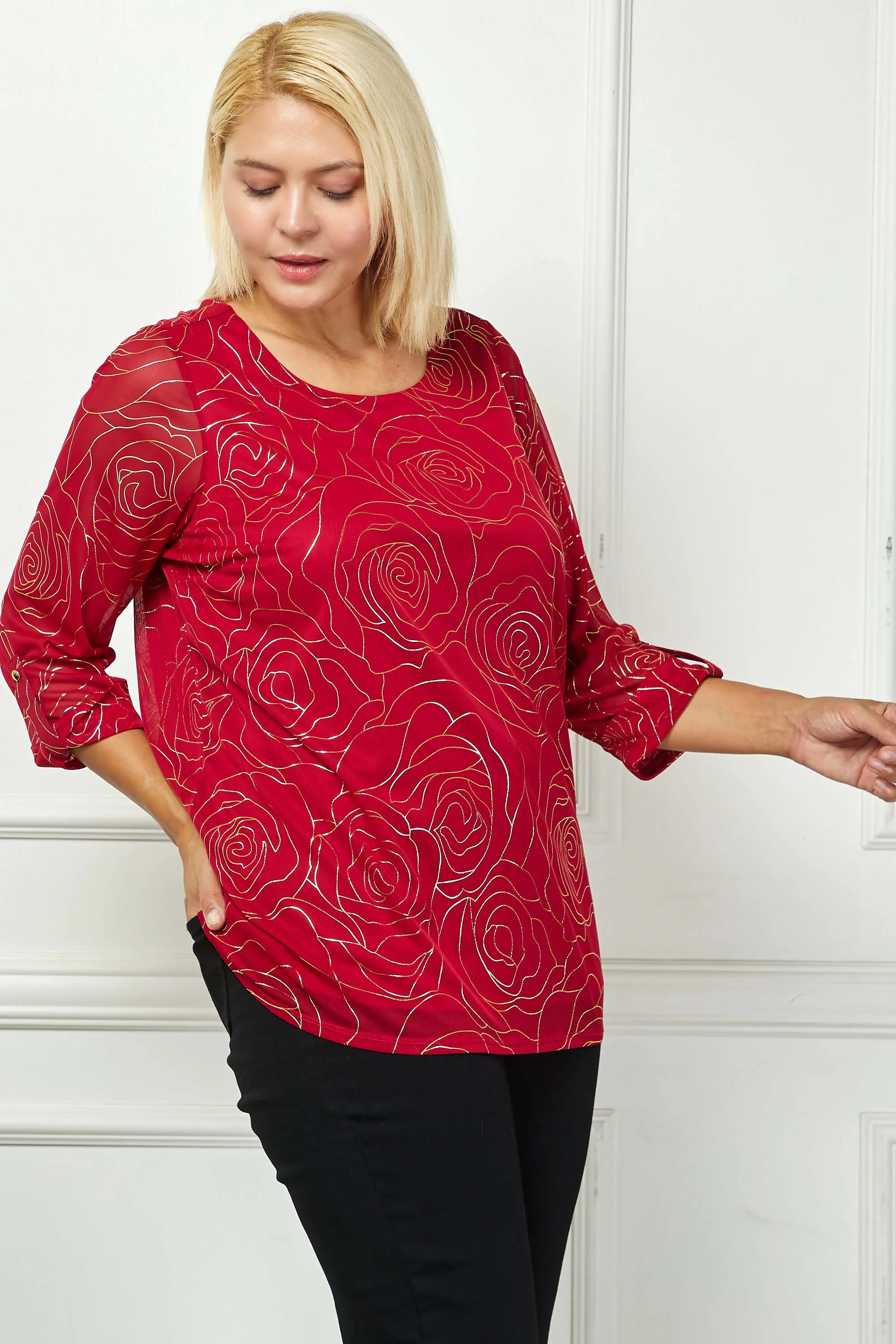 3/4 Button Tab Sleeve Scoop Neck Foil Blouse in Red - Plus - Image 3