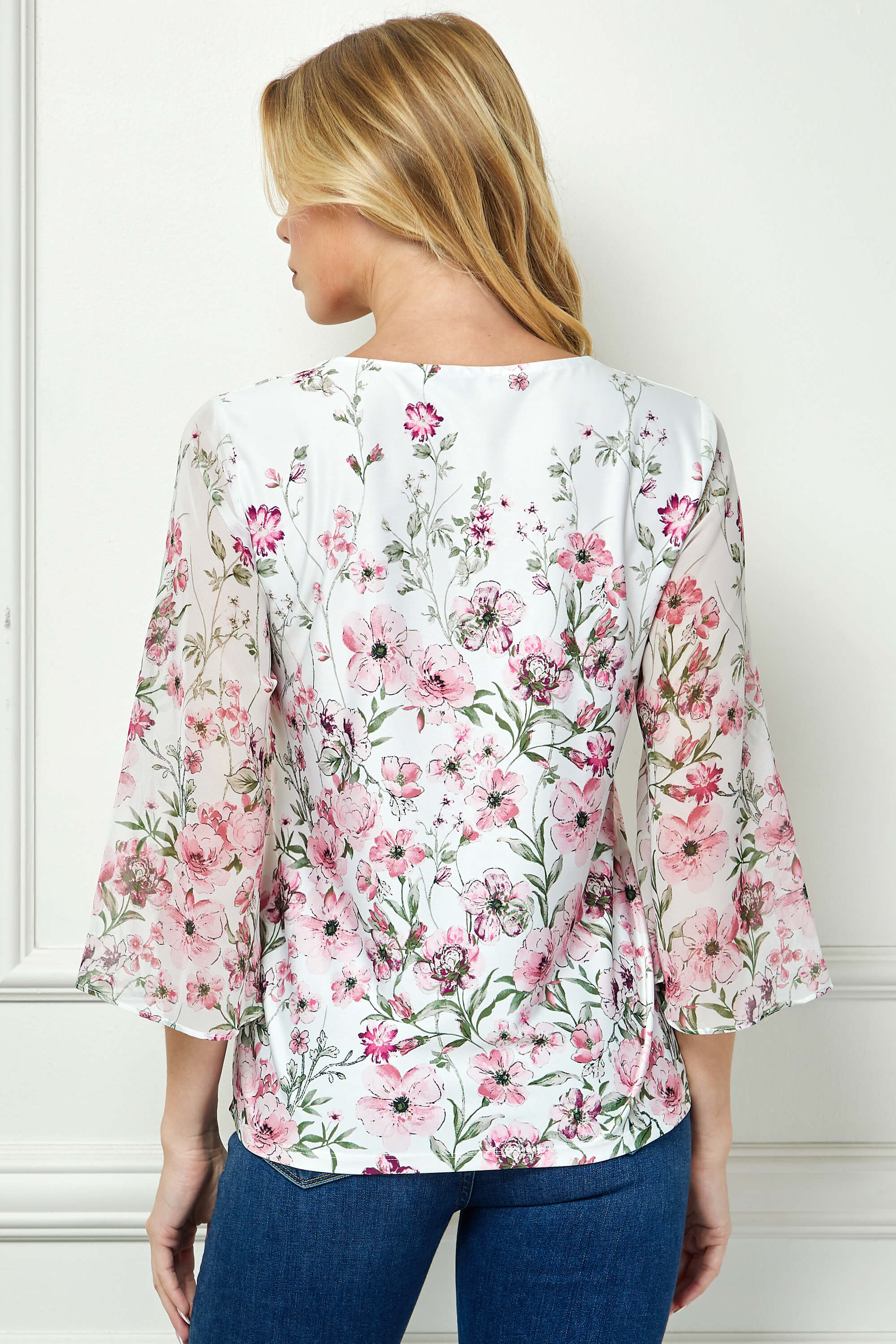3/4 Flare Sleeve Cutout Neck Border Print Blouse - Ivory - Image 4