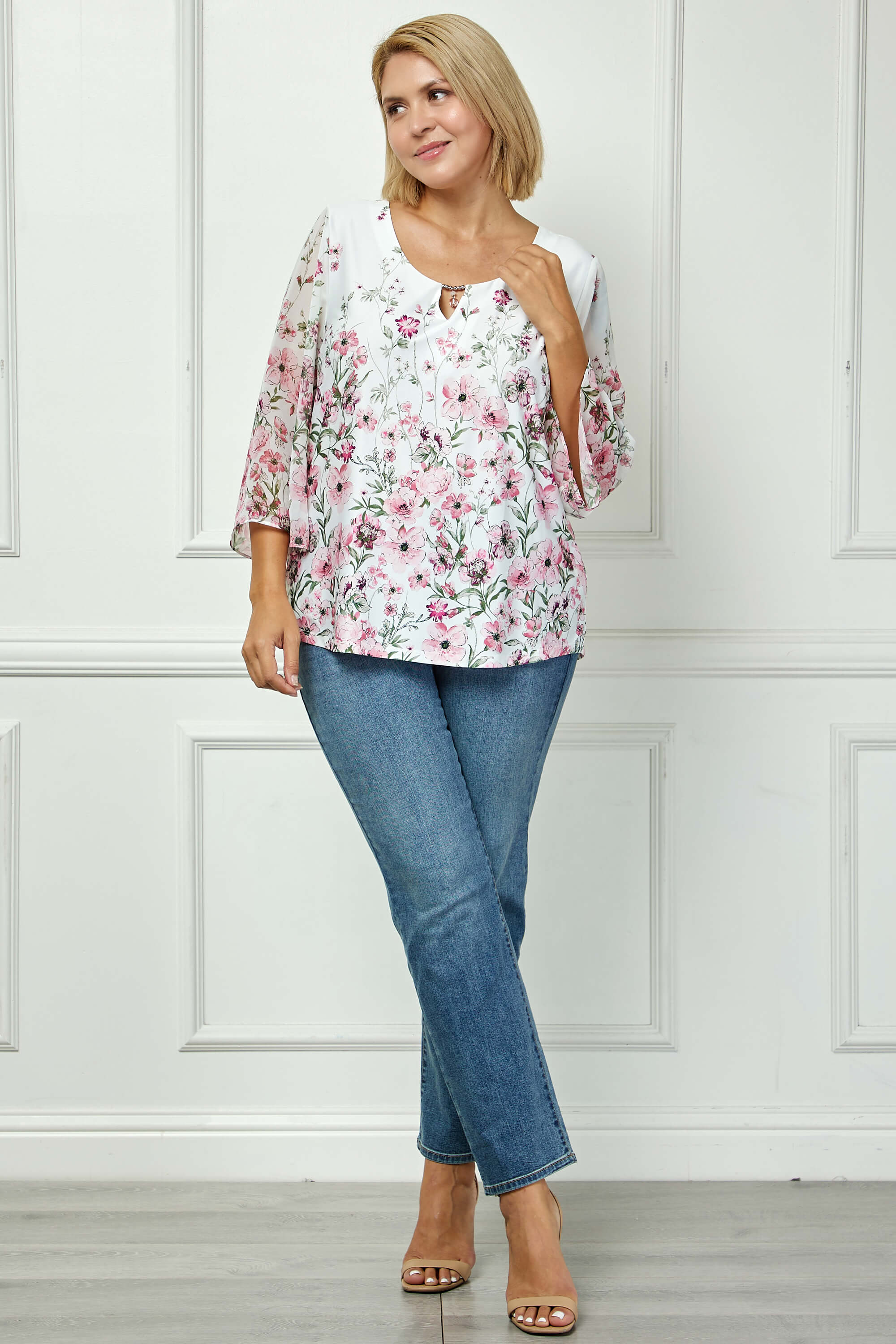 3/4 Flare Sleeve Cutout Neck Border Print Blouse - Ivory - Plus - Image 2