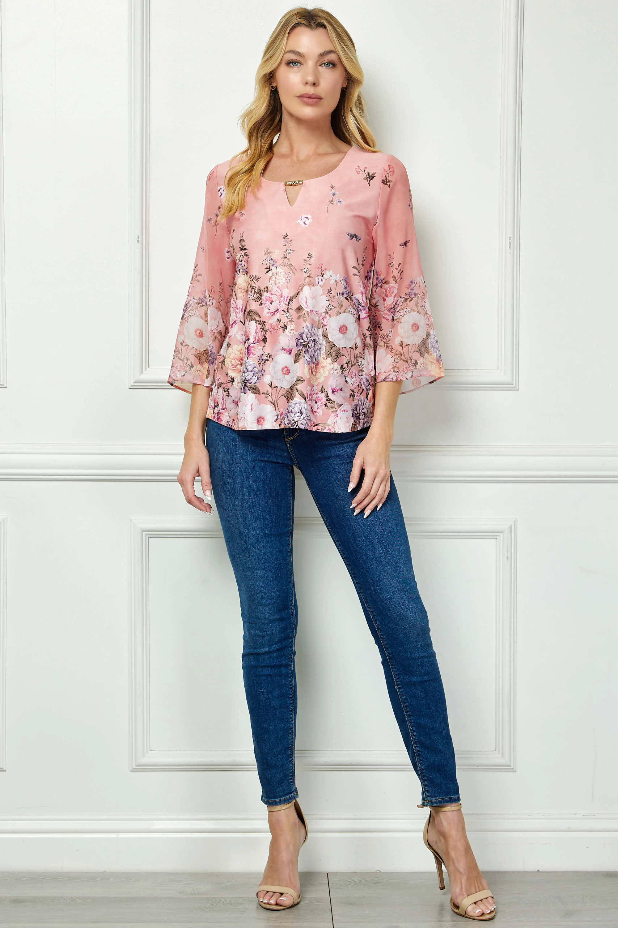 3/4 Flare Sleeve Cutout Neck Border Print Blouse - Pink - Image 2