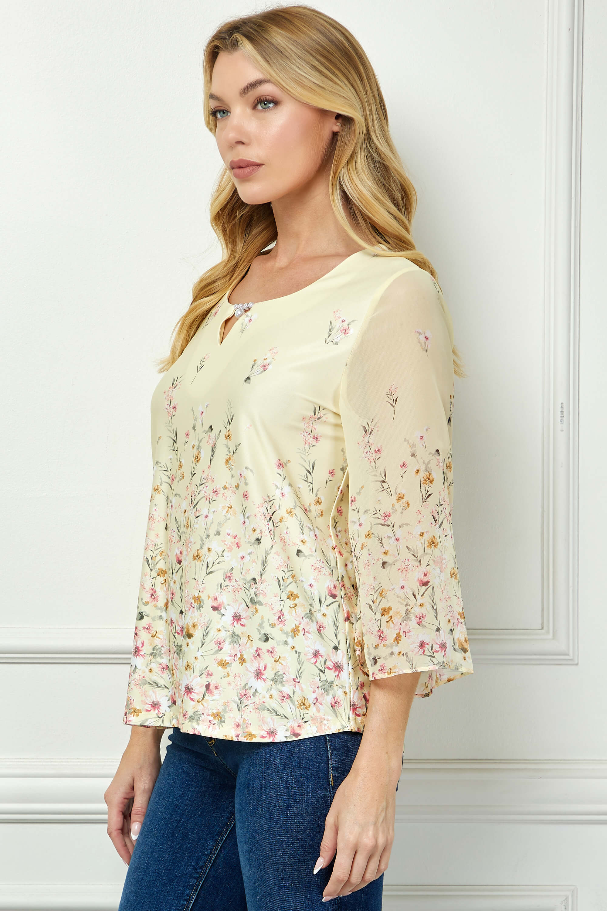 3/4 Flare Sleeve Cutout Neck Border Print Blouse - Yellow - Image 3