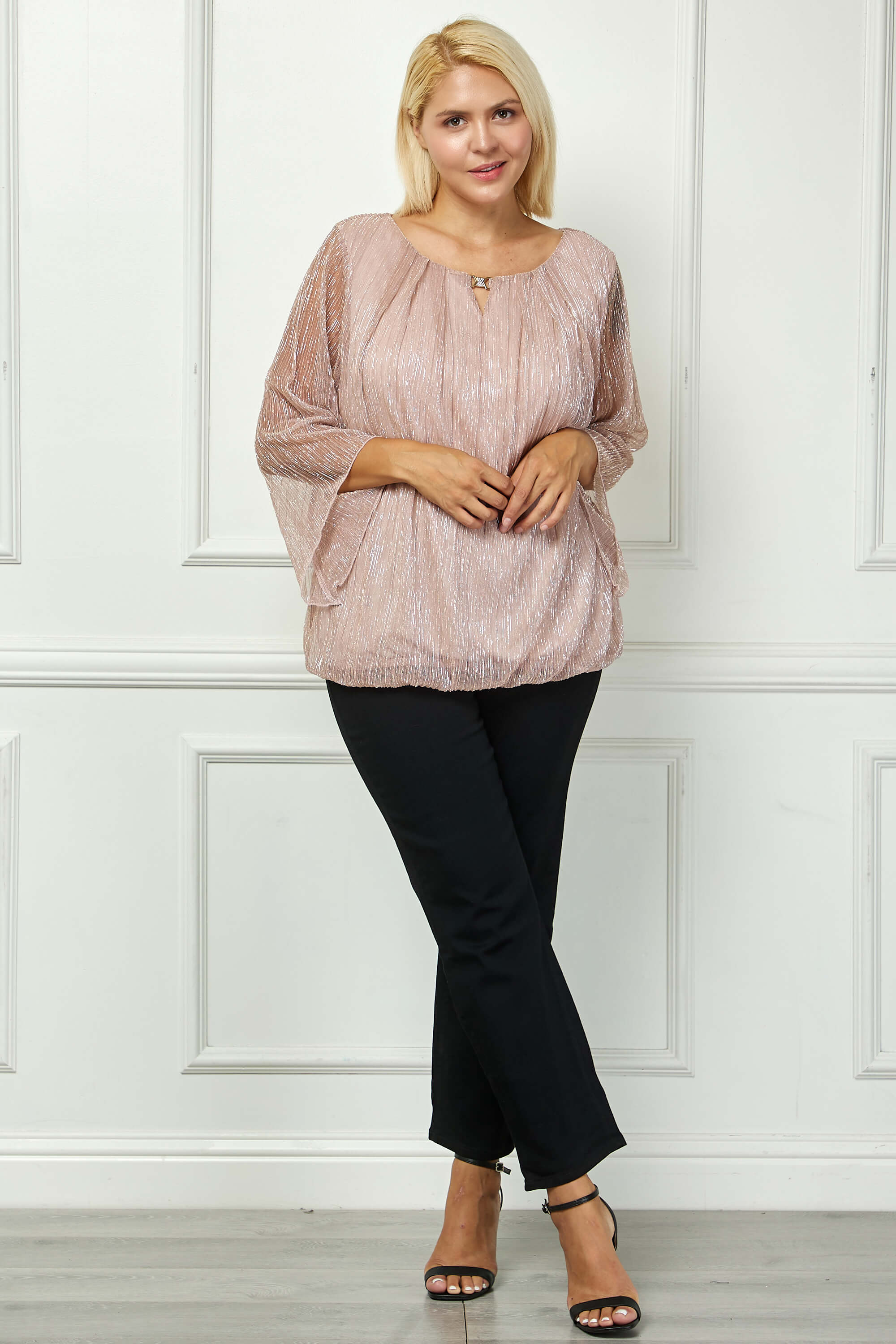 3/4 Flare Sleeve Cutout Neck Bubble Blouse - Pink - Plus - Image 2