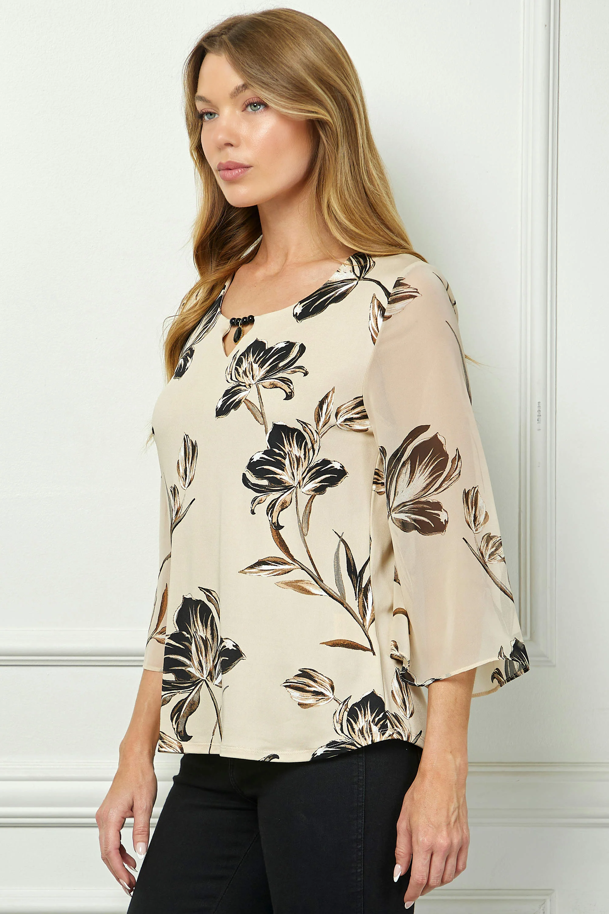 3/4 Flare Sleeve Cutout Trim Front Neck Swing Blouse in Beige - Image 3