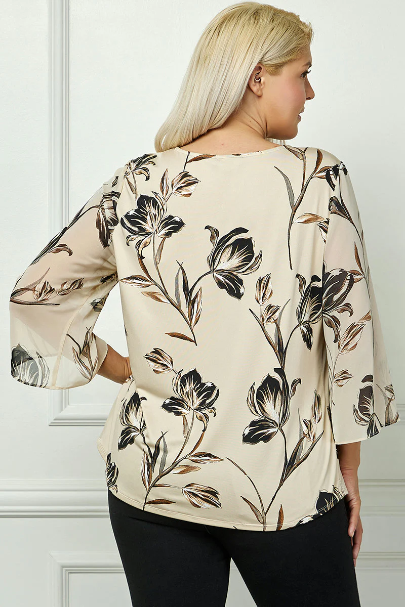 3/4 Flare Sleeve Cutout Trim Front Neck Swing Blouse in Beige - Plus - Image 4