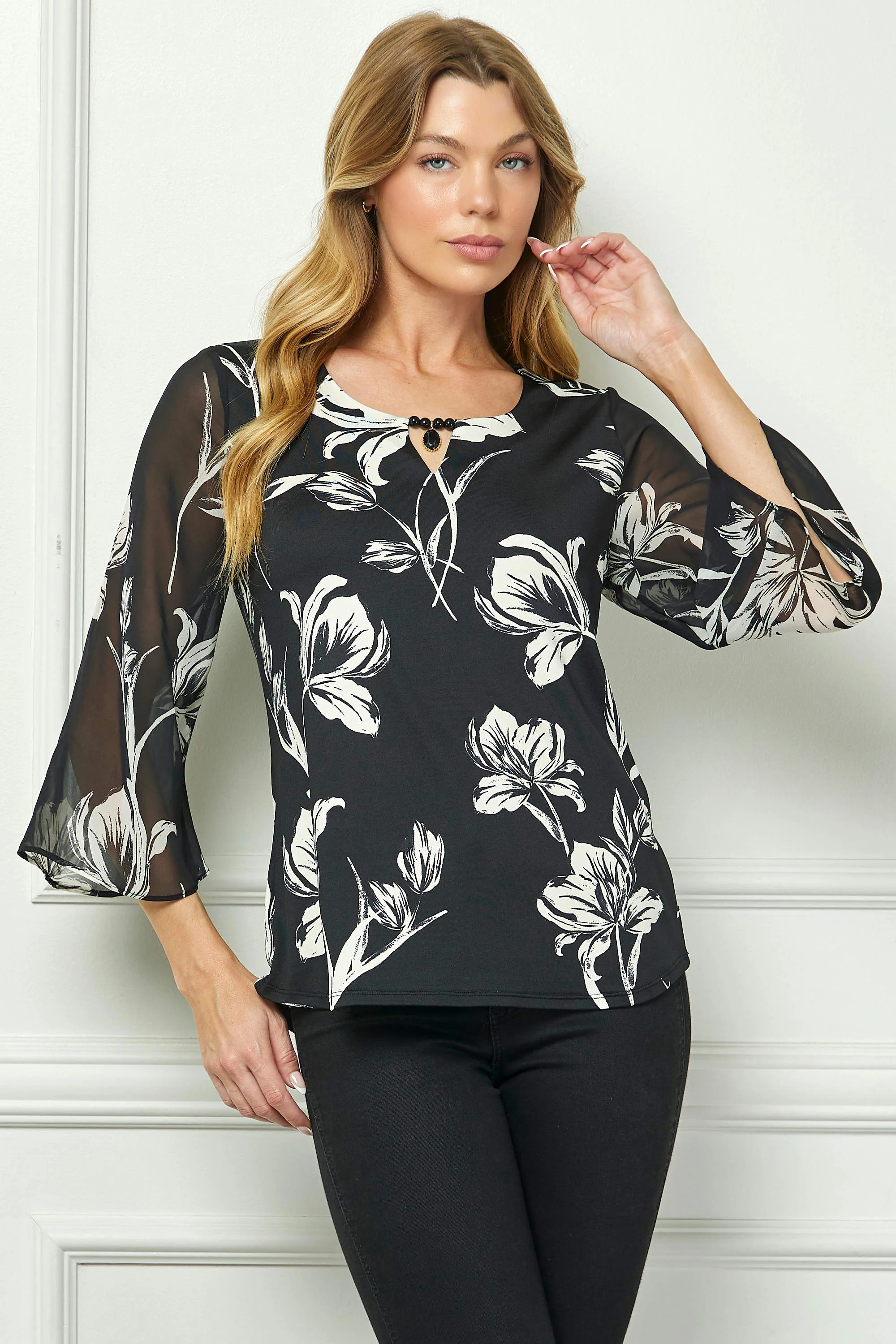 3/4 Flare Sleeve Cutout Trim Front Neck Swing Blouse in Black - Image 3