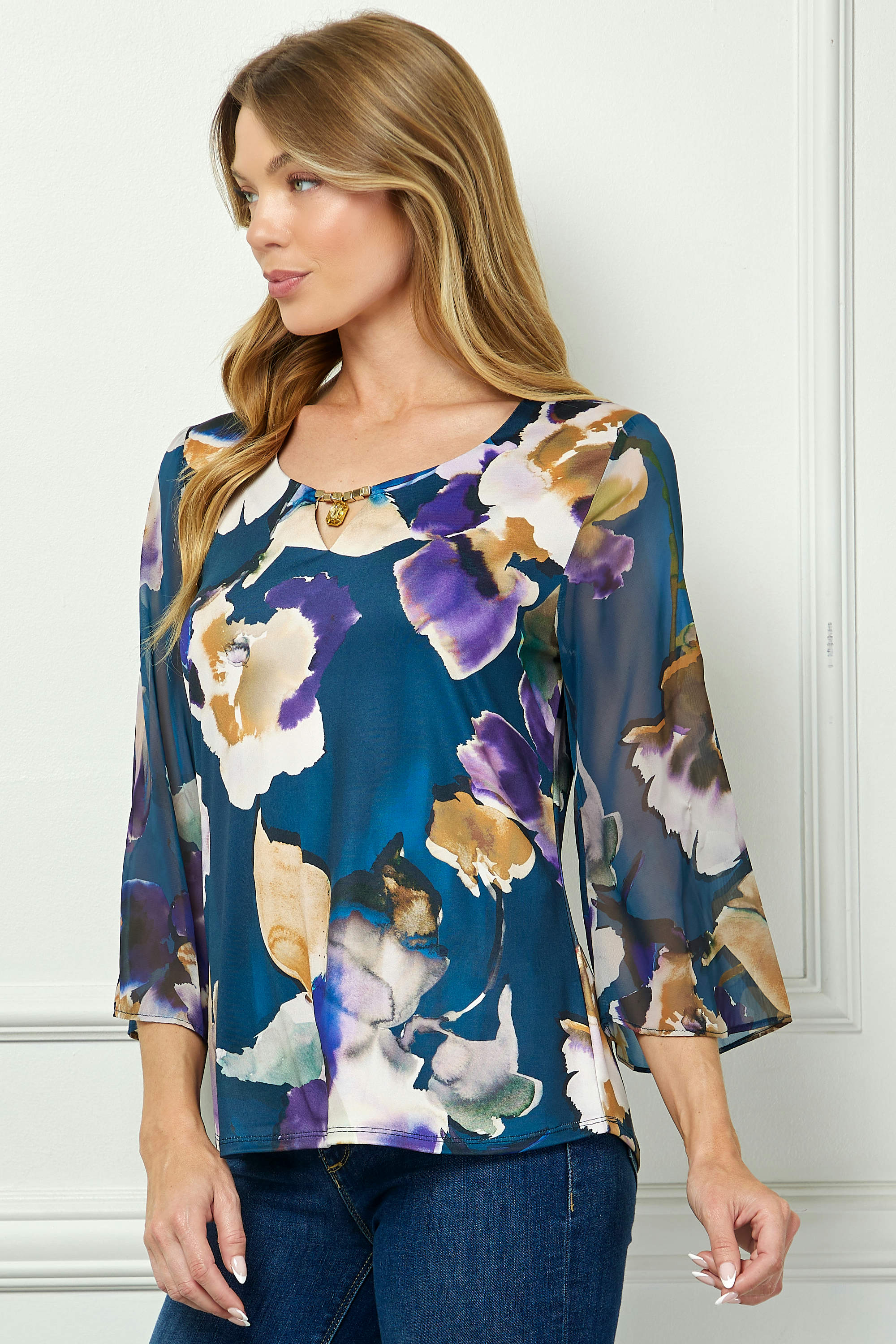 3/4 Flare Sleeve Cutout Trim Mix Media Blouse in Navy - Image 3