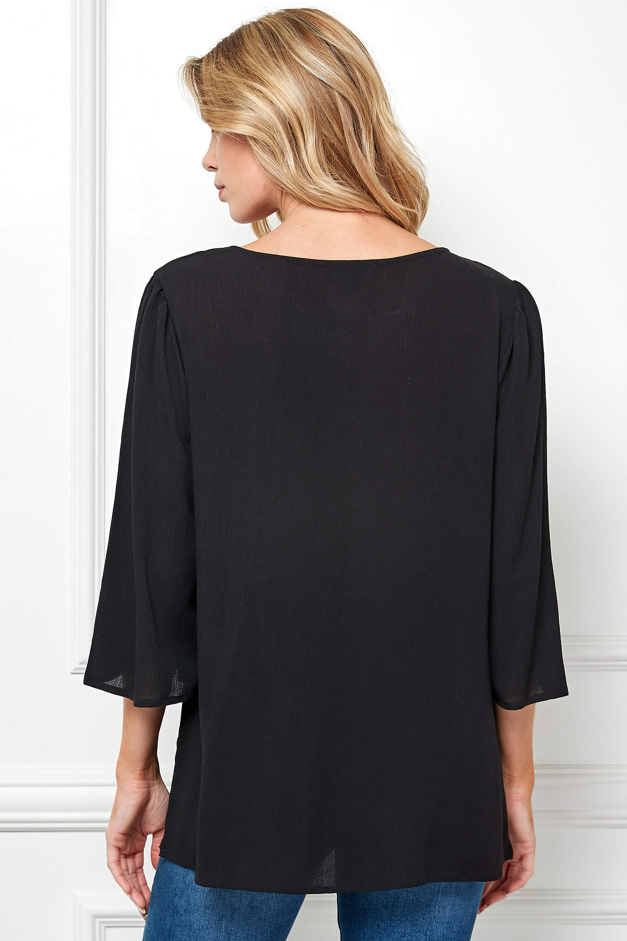Roz and Ali 3/4 Flare Sleeve Embroidered Yoke Tunic in Black - Image 4