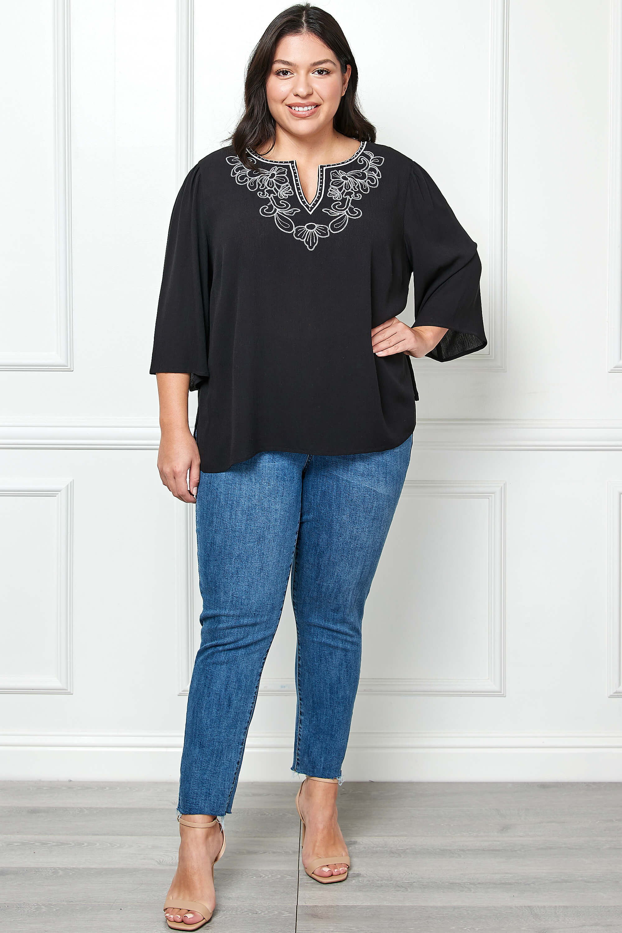 Roz and Ali 3/4 Flare Sleeve Embroidered Yoke Tunic in Black - Plus - Image 2