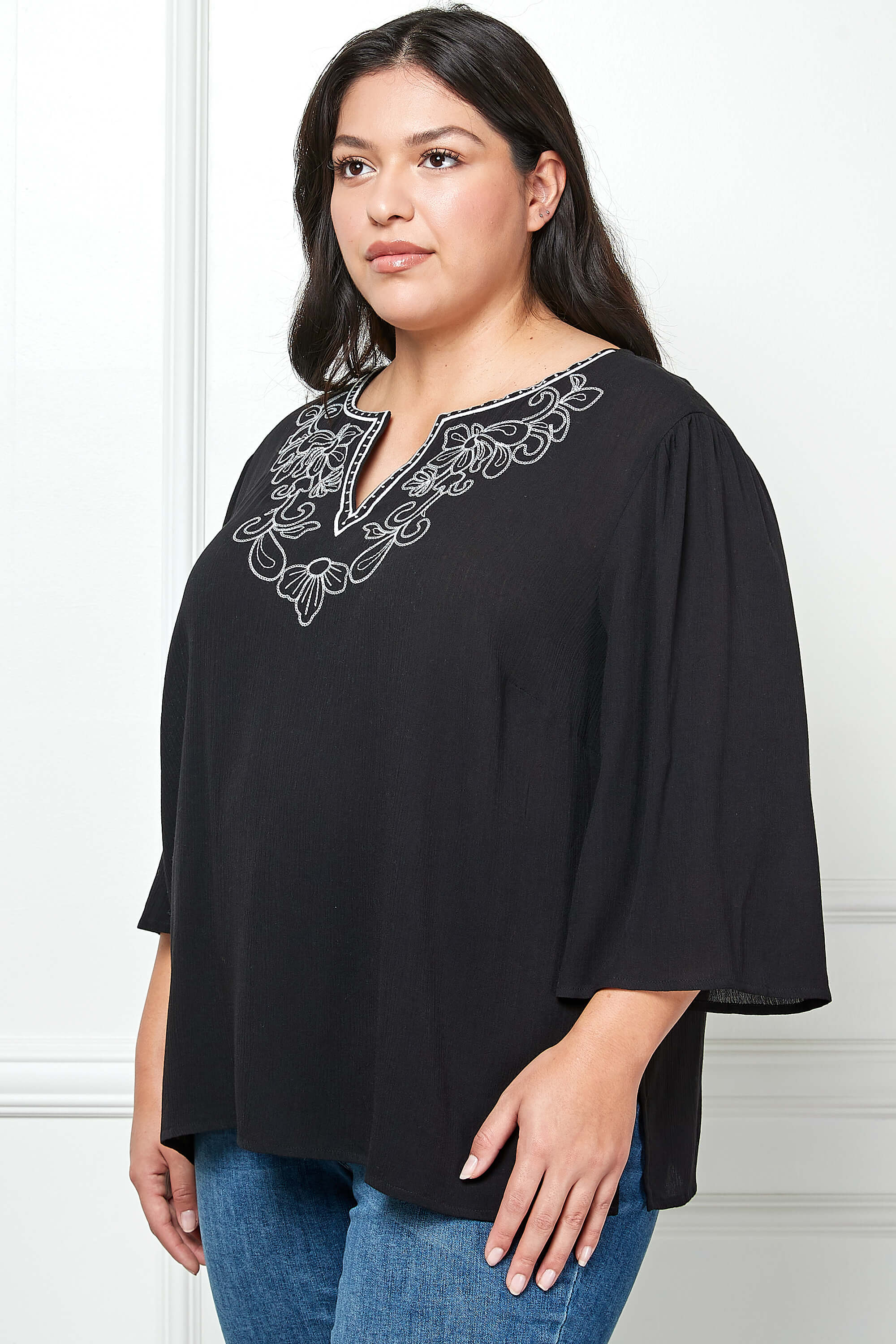 Roz and Ali 3/4 Flare Sleeve Embroidered Yoke Tunic in Black - Plus - Image 3