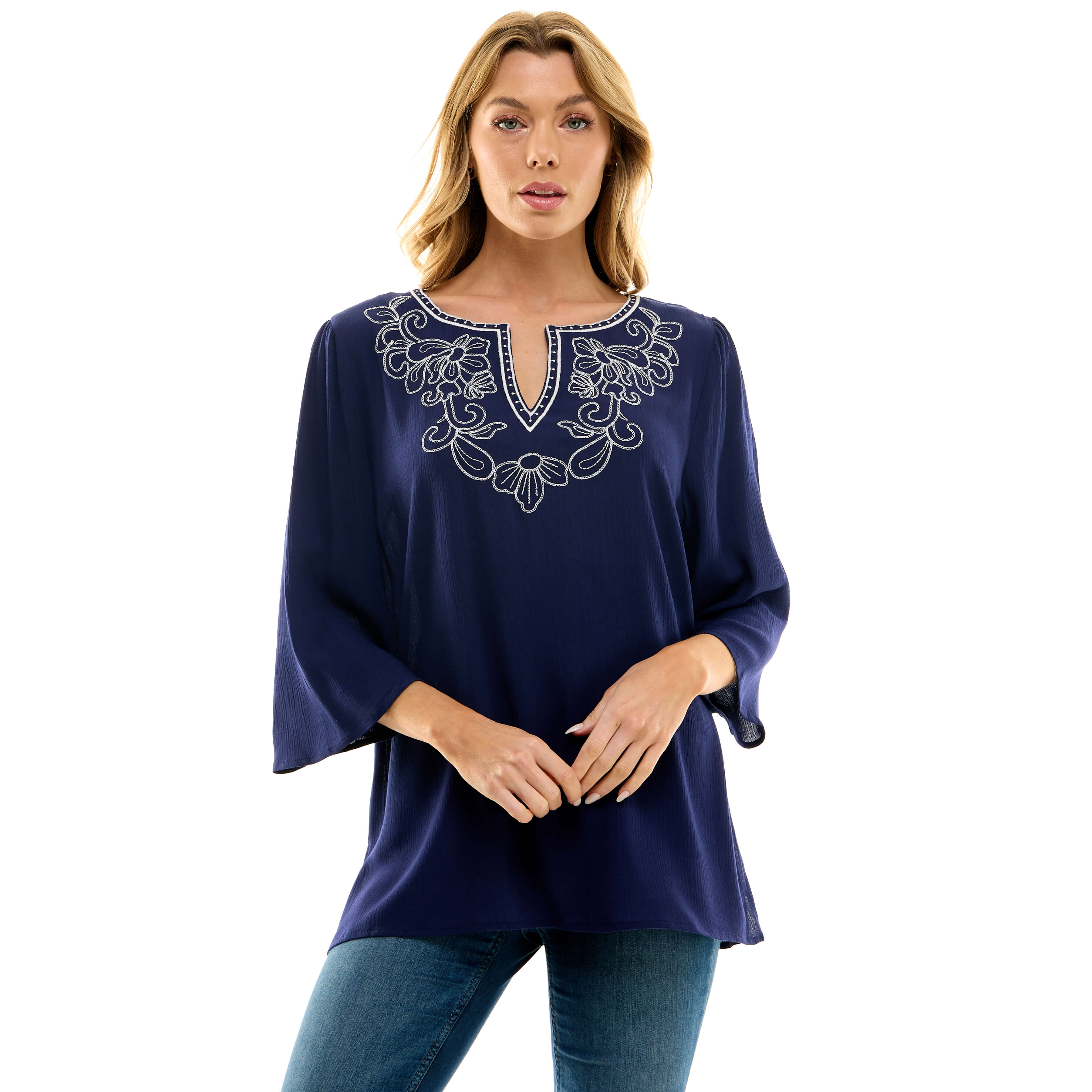Roz and Ali 3/4 Flare Sleeve Embroidered Yoke Tunic in Navy - Image 2