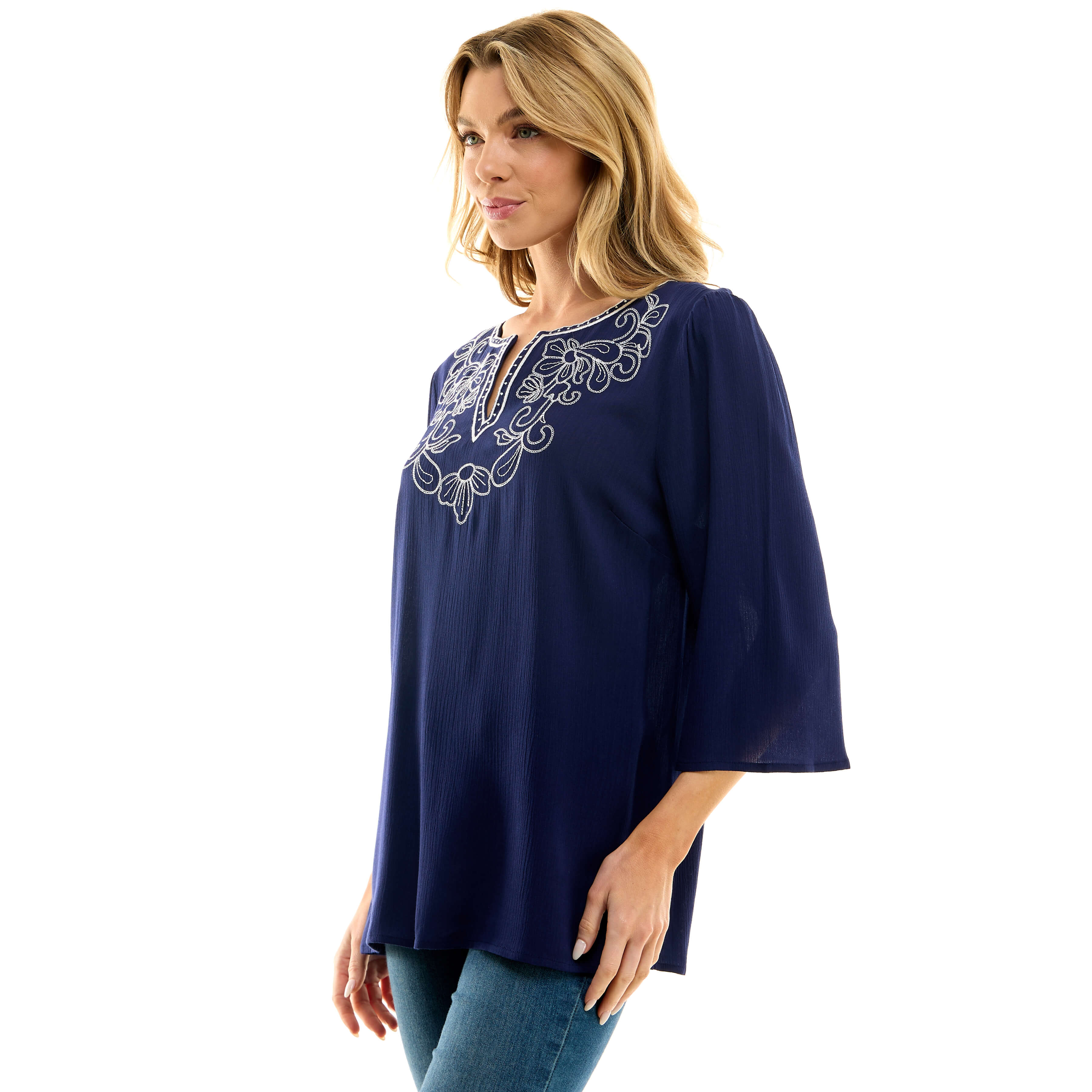 Roz and Ali 3/4 Flare Sleeve Embroidered Yoke Tunic in Navy - Image 3