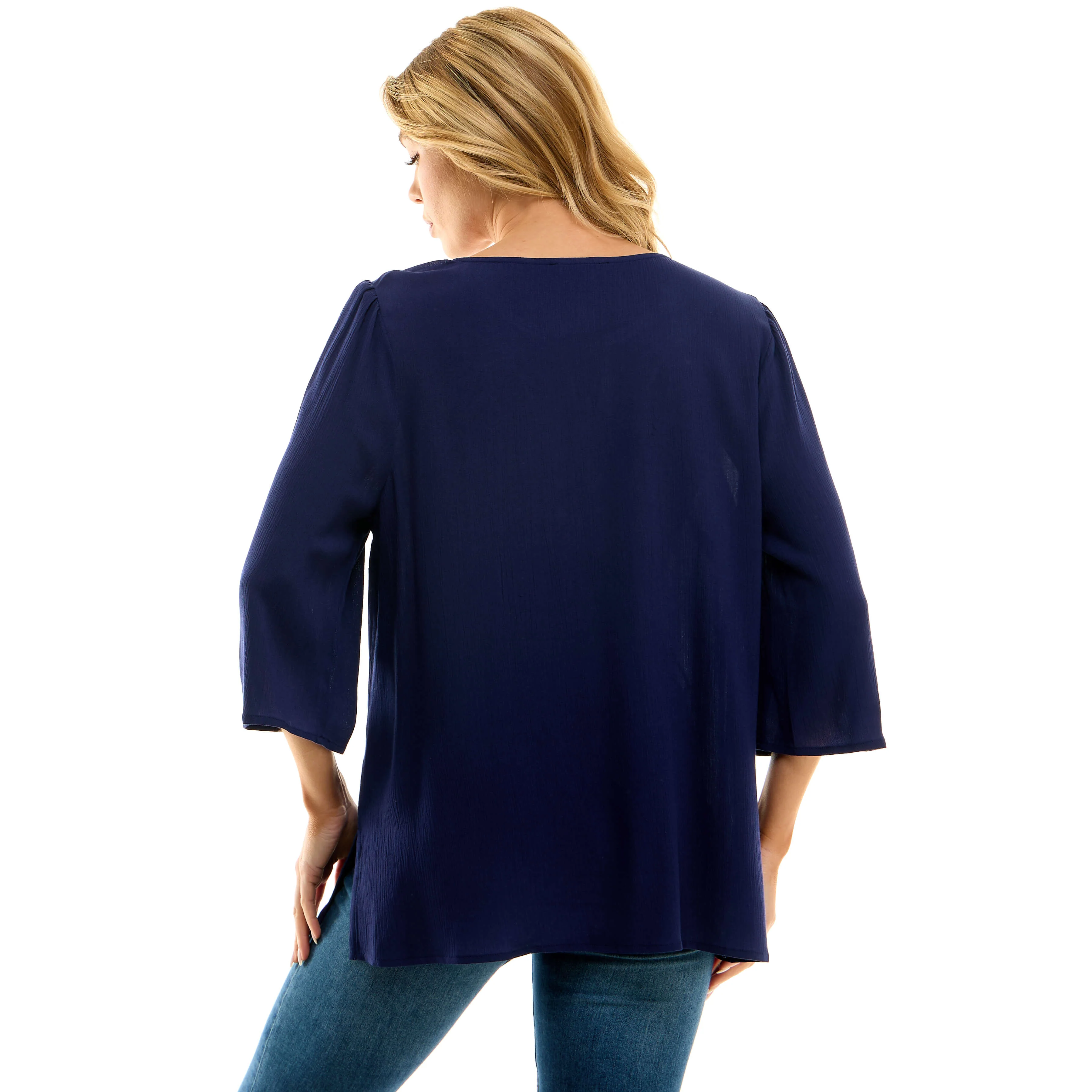 Roz and Ali 3/4 Flare Sleeve Embroidered Yoke Tunic in Navy - Image 4