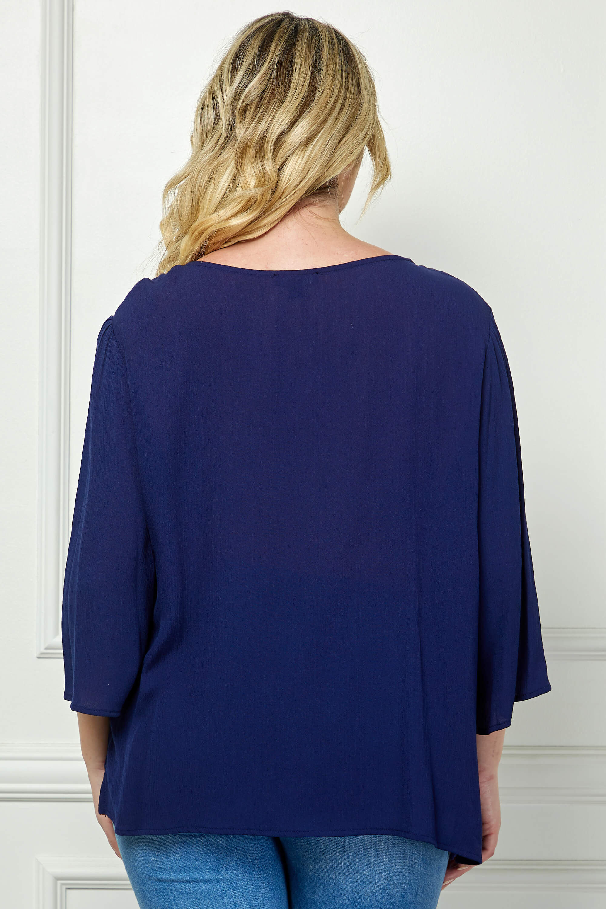 Roz and Ali 3/4 Flare Sleeve Embroidered Yoke Tunic in Navy - Plus - Image 4