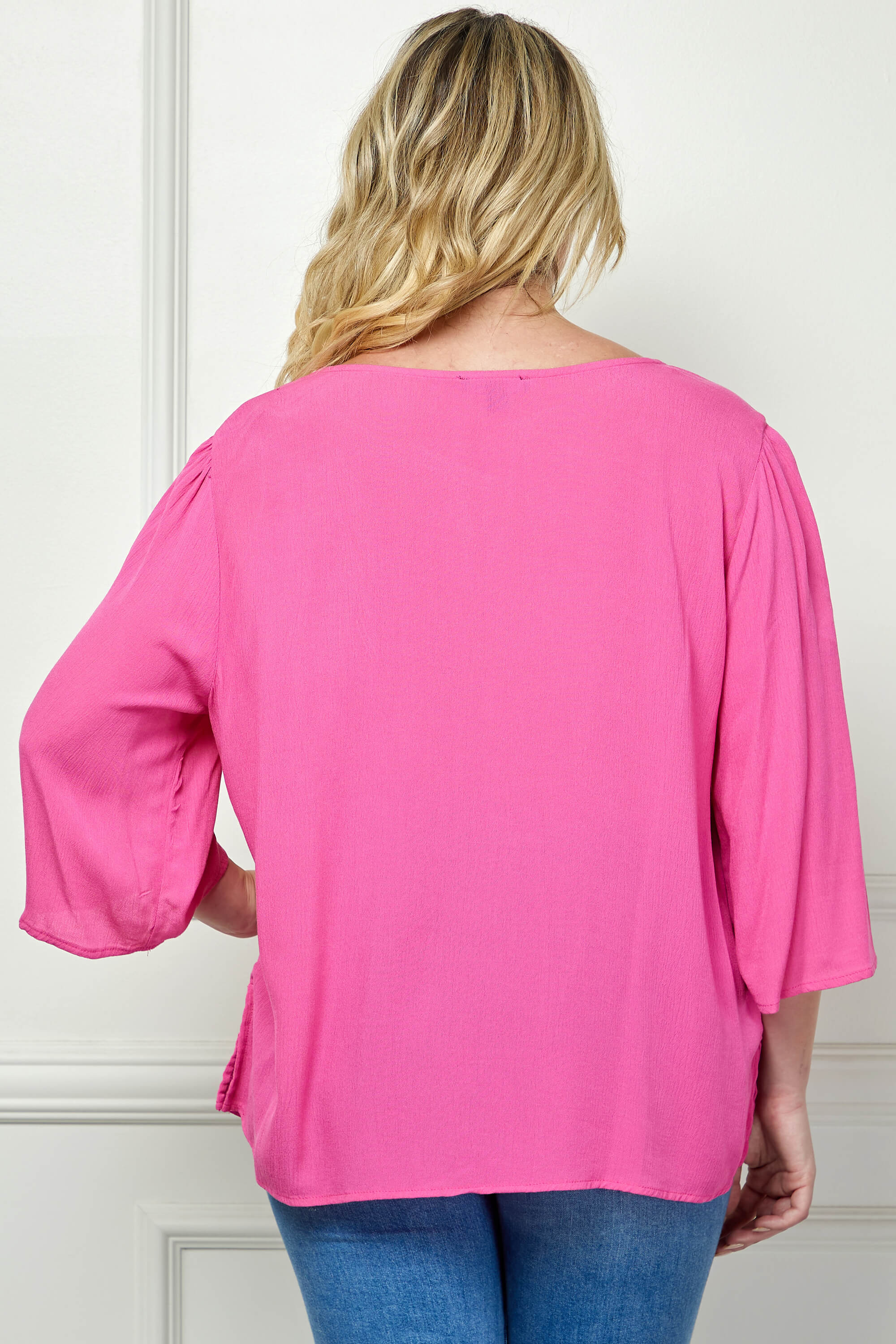 Roz and Ali 3/4 Flare Sleeve Embroidered Yoke Tunic in Pink - Plus - Image 4