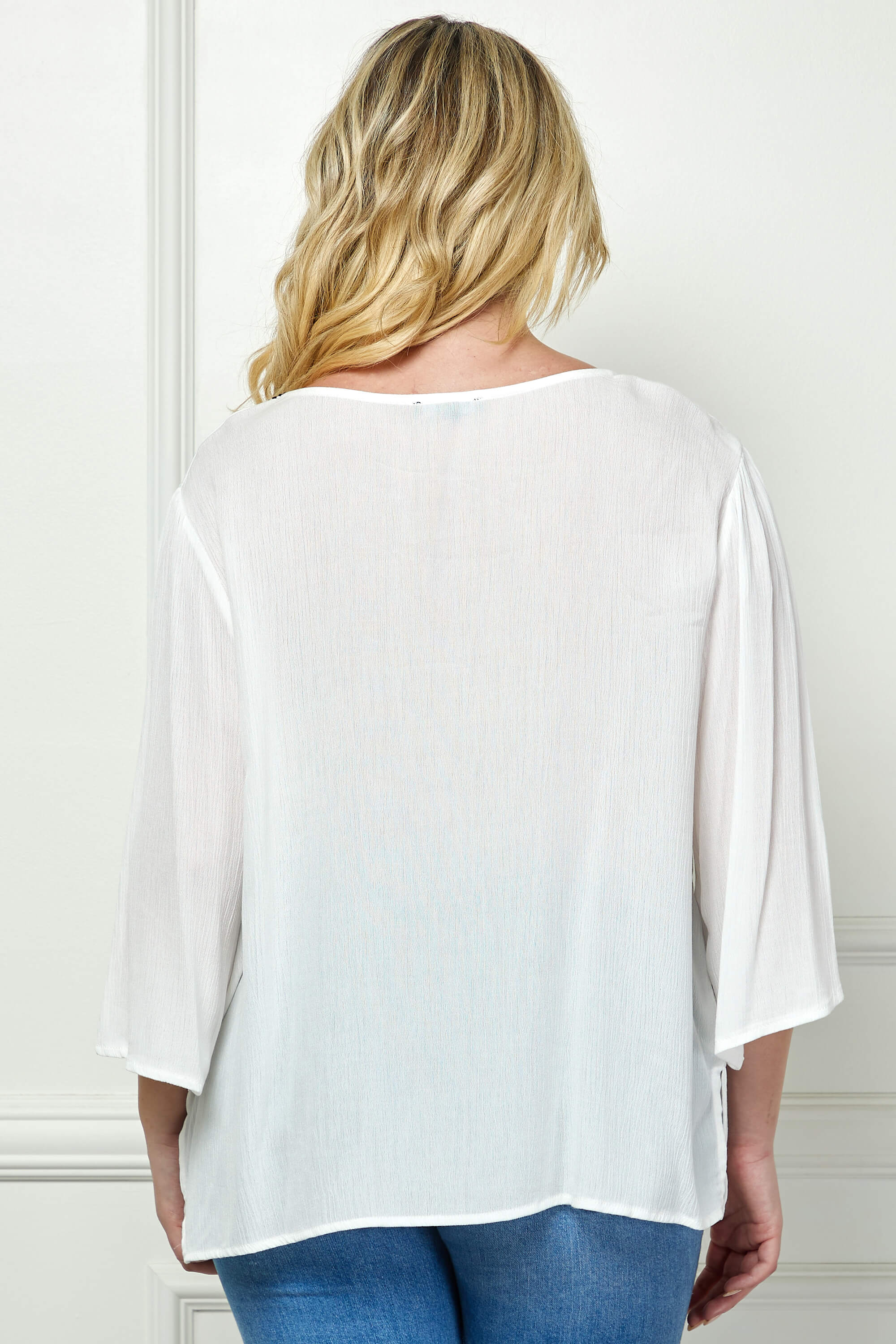 Roz and Ali 3/4 Flare Sleeve Embroidered Yoke Tunic in White - Plus - Image 4