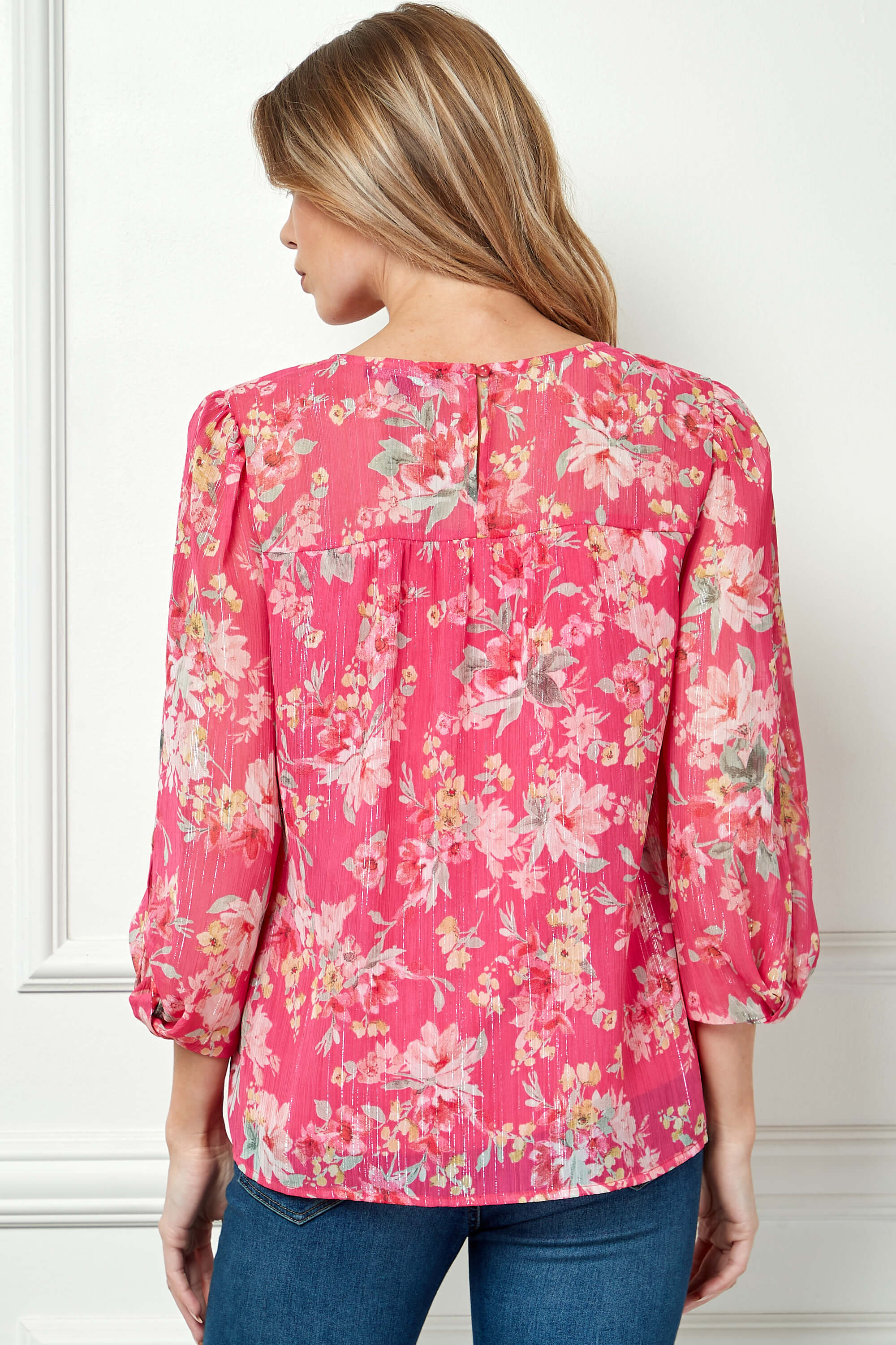 3/4 Knot Sleeve Scoop Neck Yoke Blouse in Fuchsia Floral - Image 2