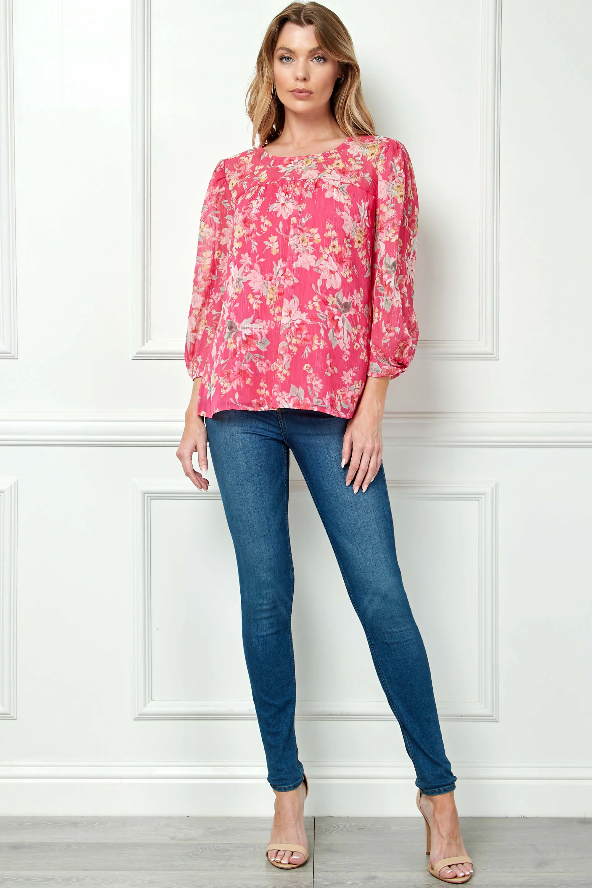 3/4 Knot Sleeve Scoop Neck Yoke Blouse in Fuchsia Floral - Image 4