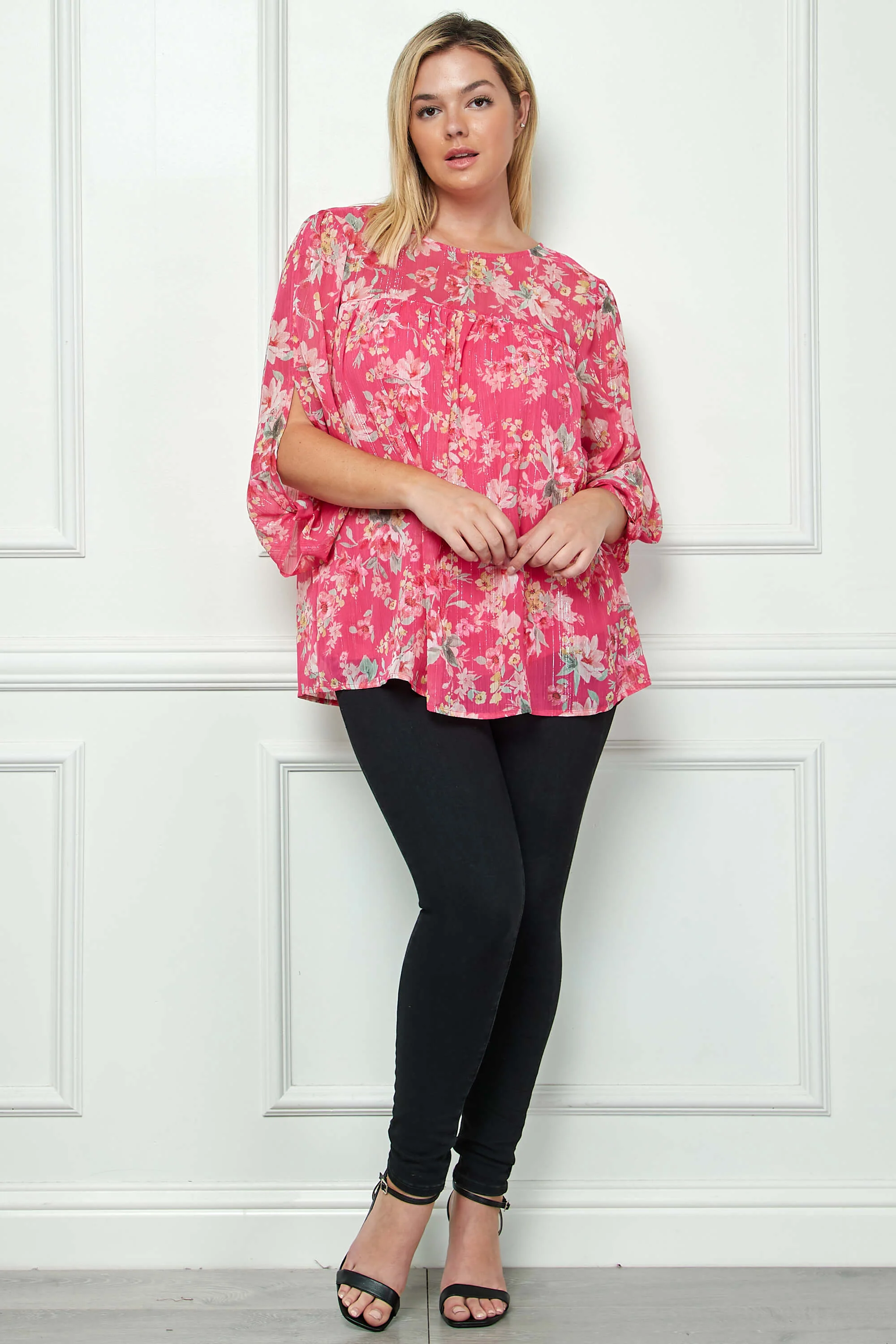 3/4 Knot Sleeve Scoop Neck Yoke Blouse in Fuchsia Floral - Plus - Image 4