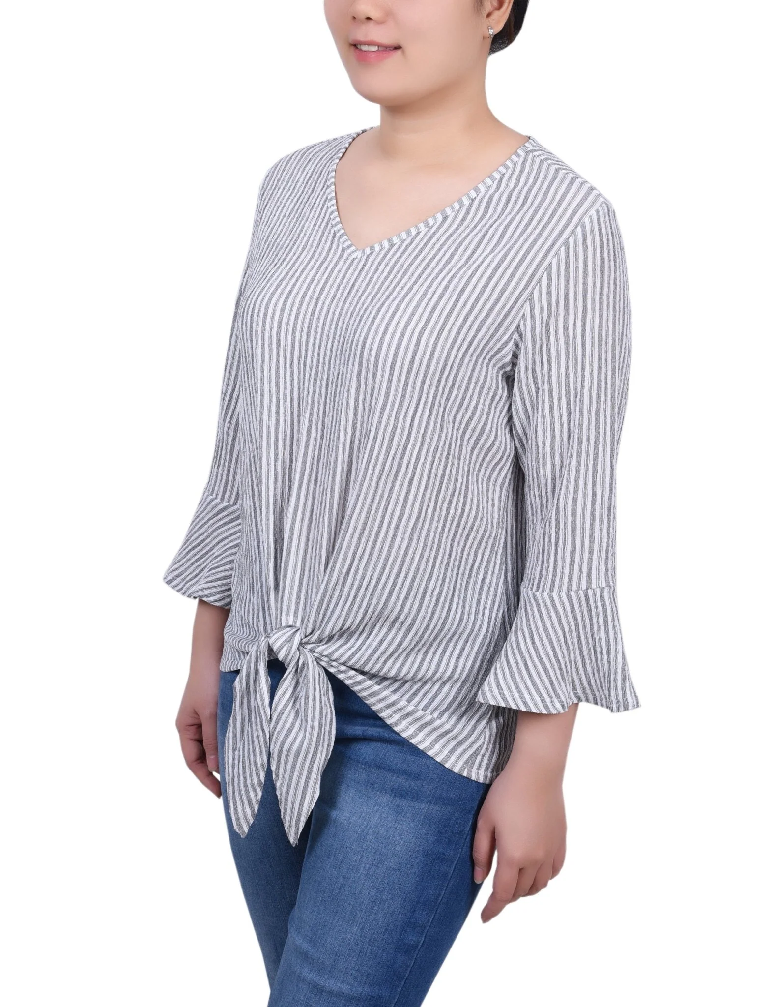 3/4 Length Bell Sleeve Textured Knit Top - Petite - Image 10