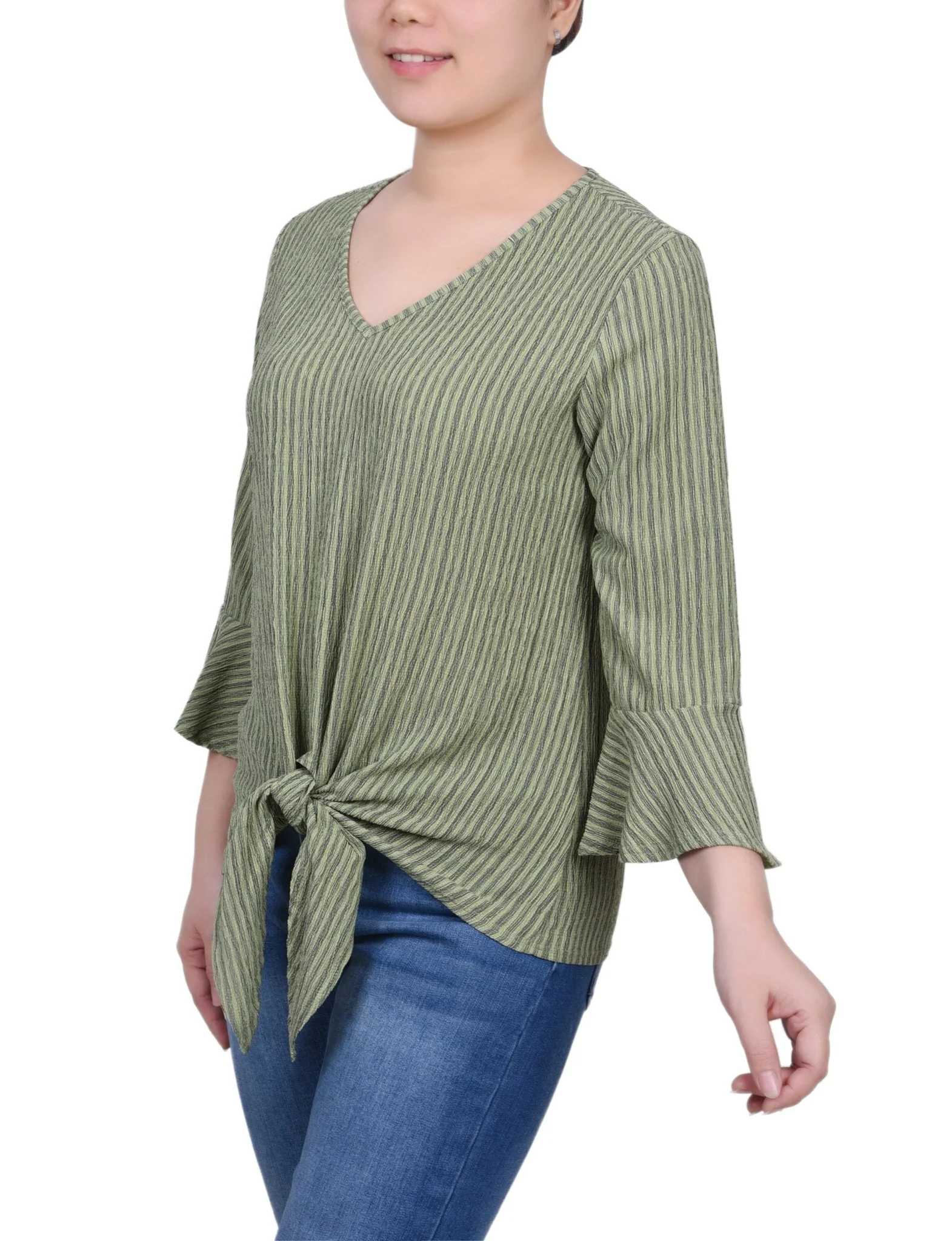 3/4 Length Bell Sleeve Textured Knit Top - Petite - Image 14