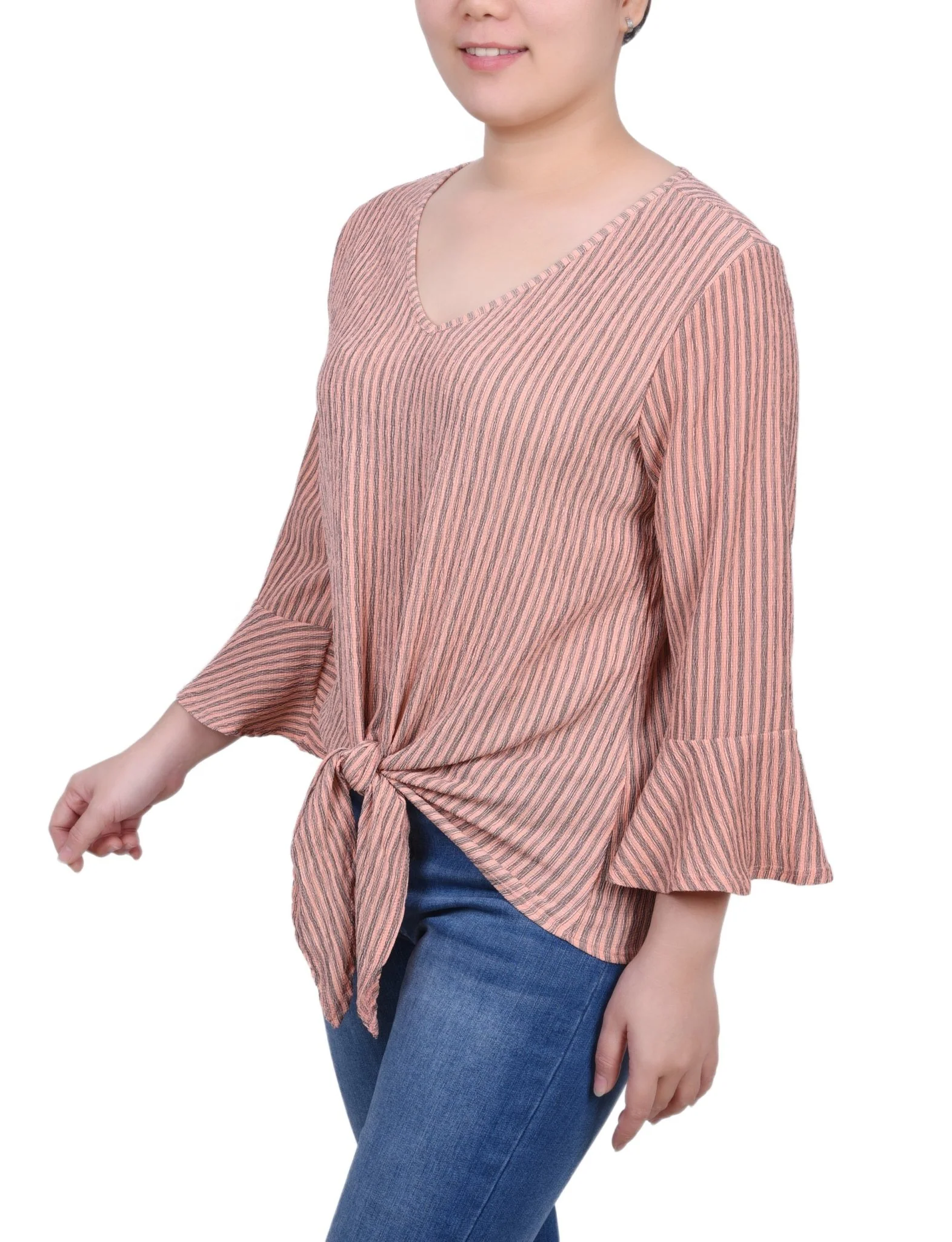 3/4 Length Bell Sleeve Textured Knit Top - Petite - Image 6