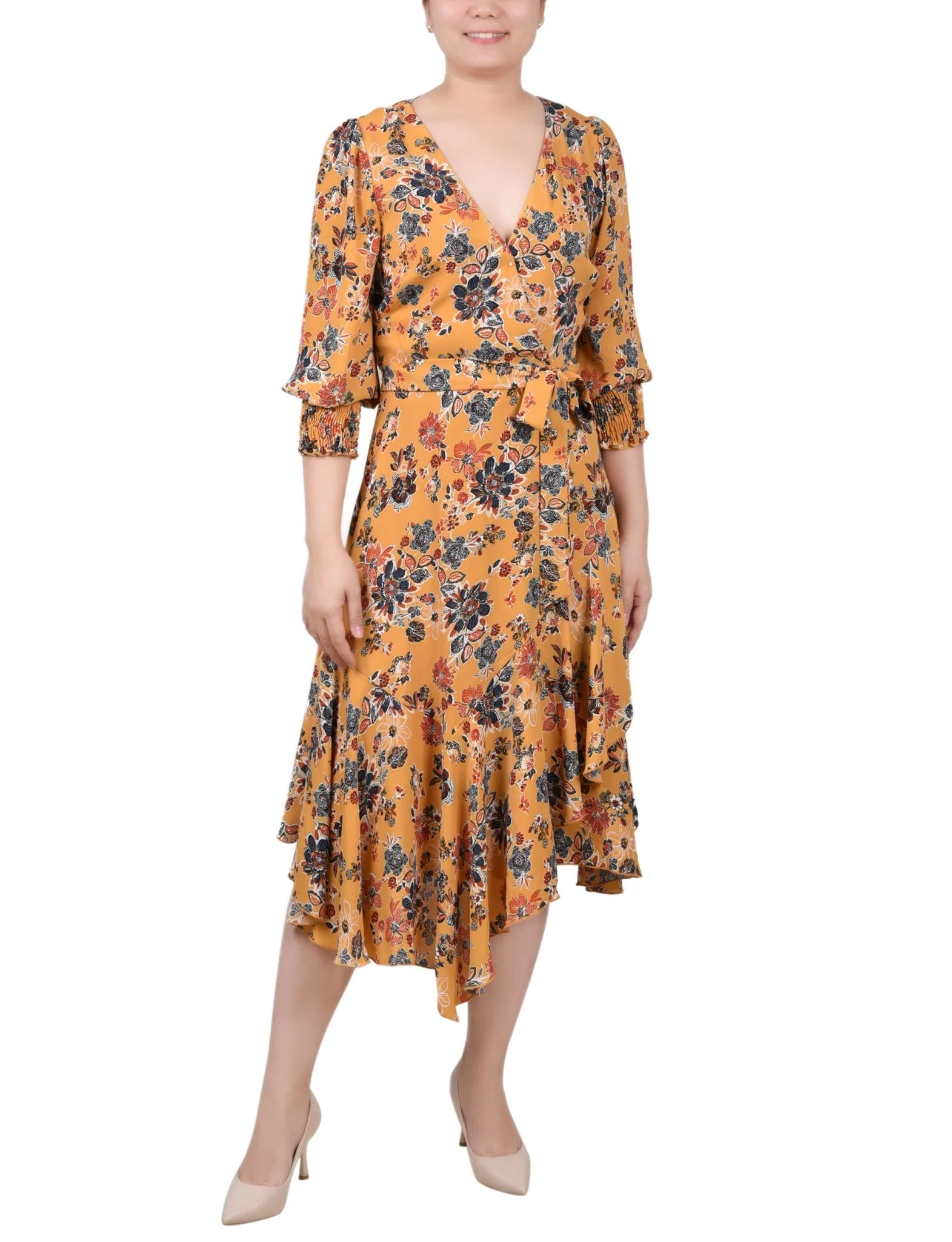 3/4 Length Sleeve Belted Chiffon Handkerchief Hem Dress - Petite - Image 10
