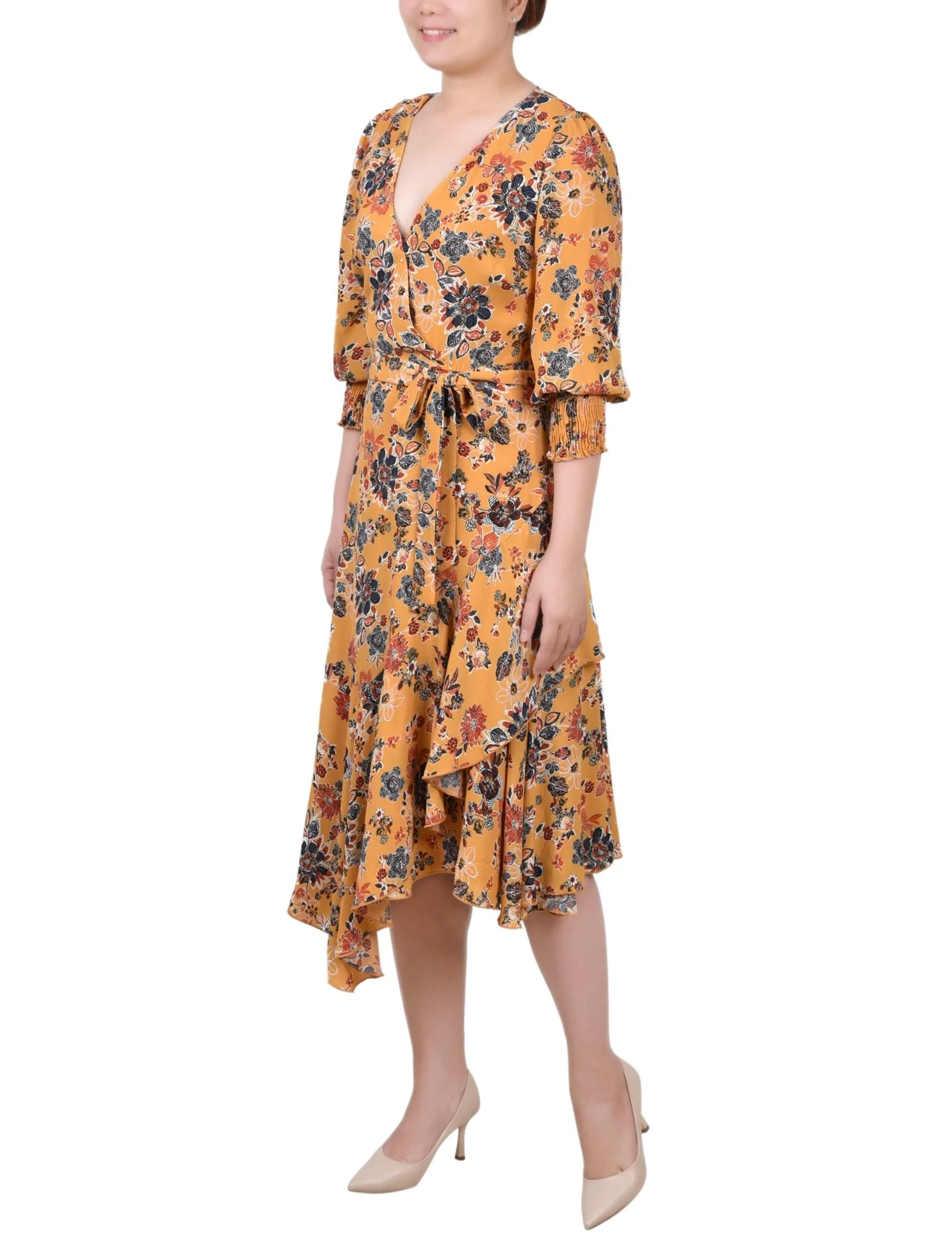 3/4 Length Sleeve Belted Chiffon Handkerchief Hem Dress - Petite - Image 11