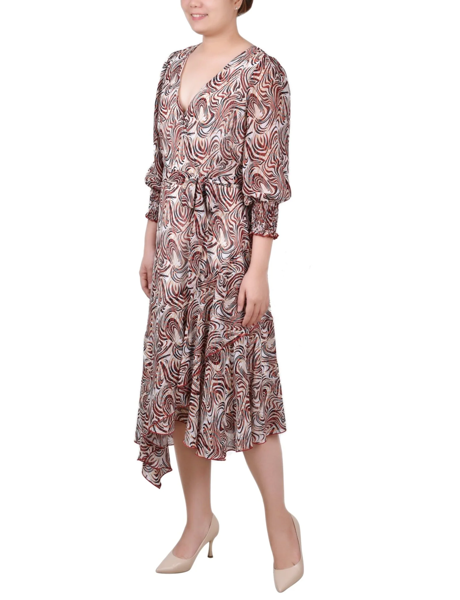 3/4 Length Sleeve Belted Chiffon Handkerchief Hem Dress - Petite - Image 14