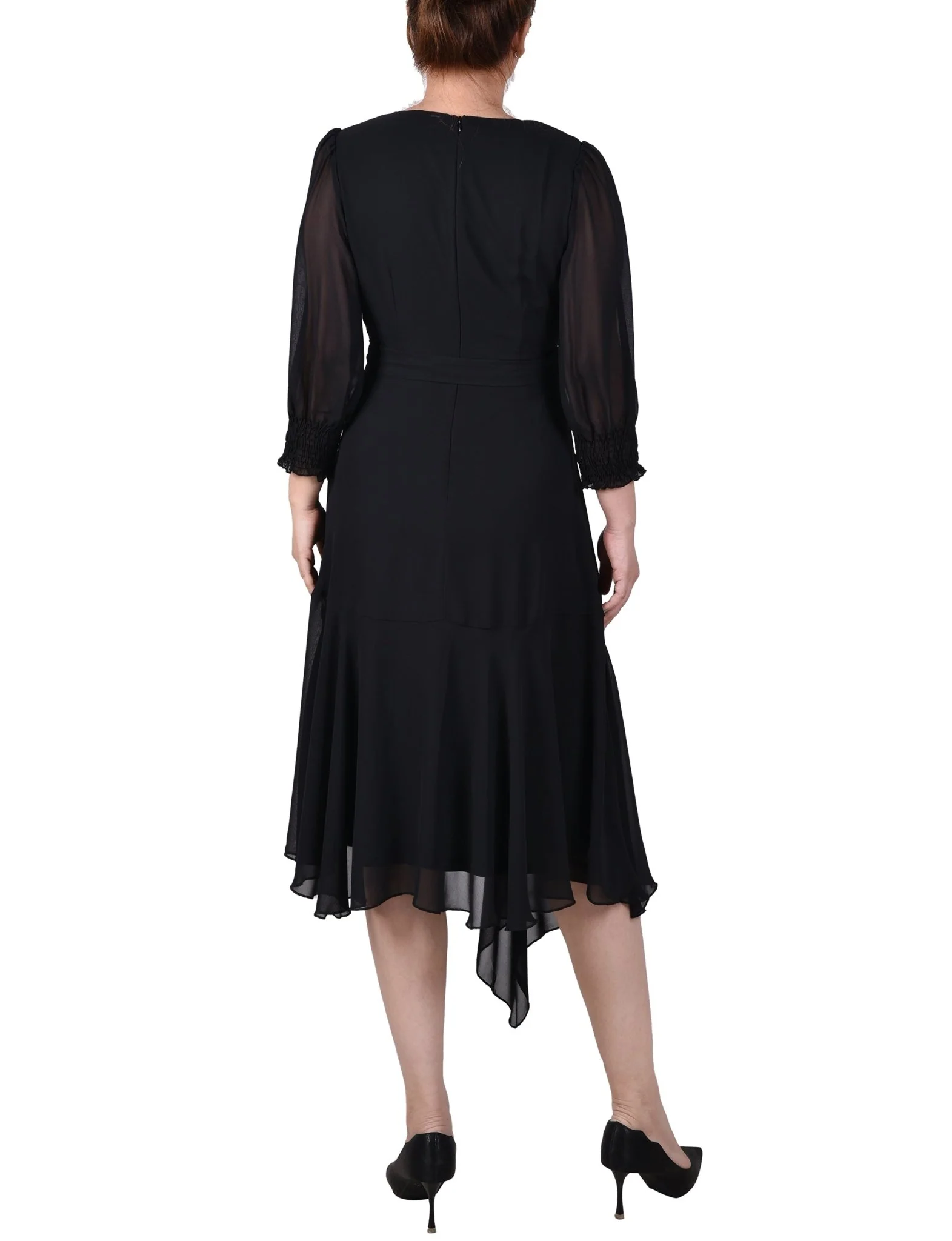 3/4 Length Sleeve Belted Chiffon Handkerchief Hem Dress - Petite - Image 3
