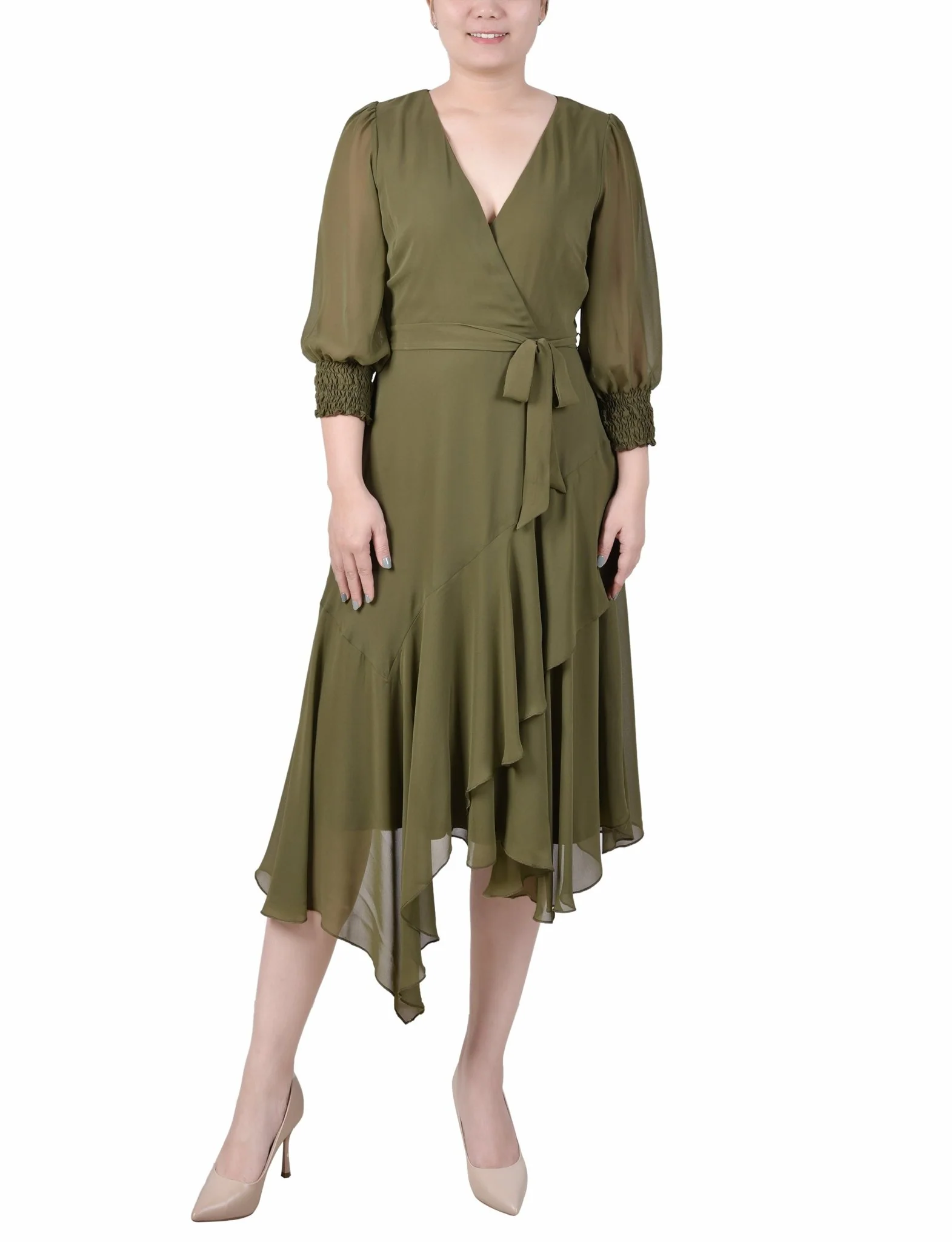 3/4 Length Sleeve Belted Chiffon Handkerchief Hem Dress - Petite - Image 4